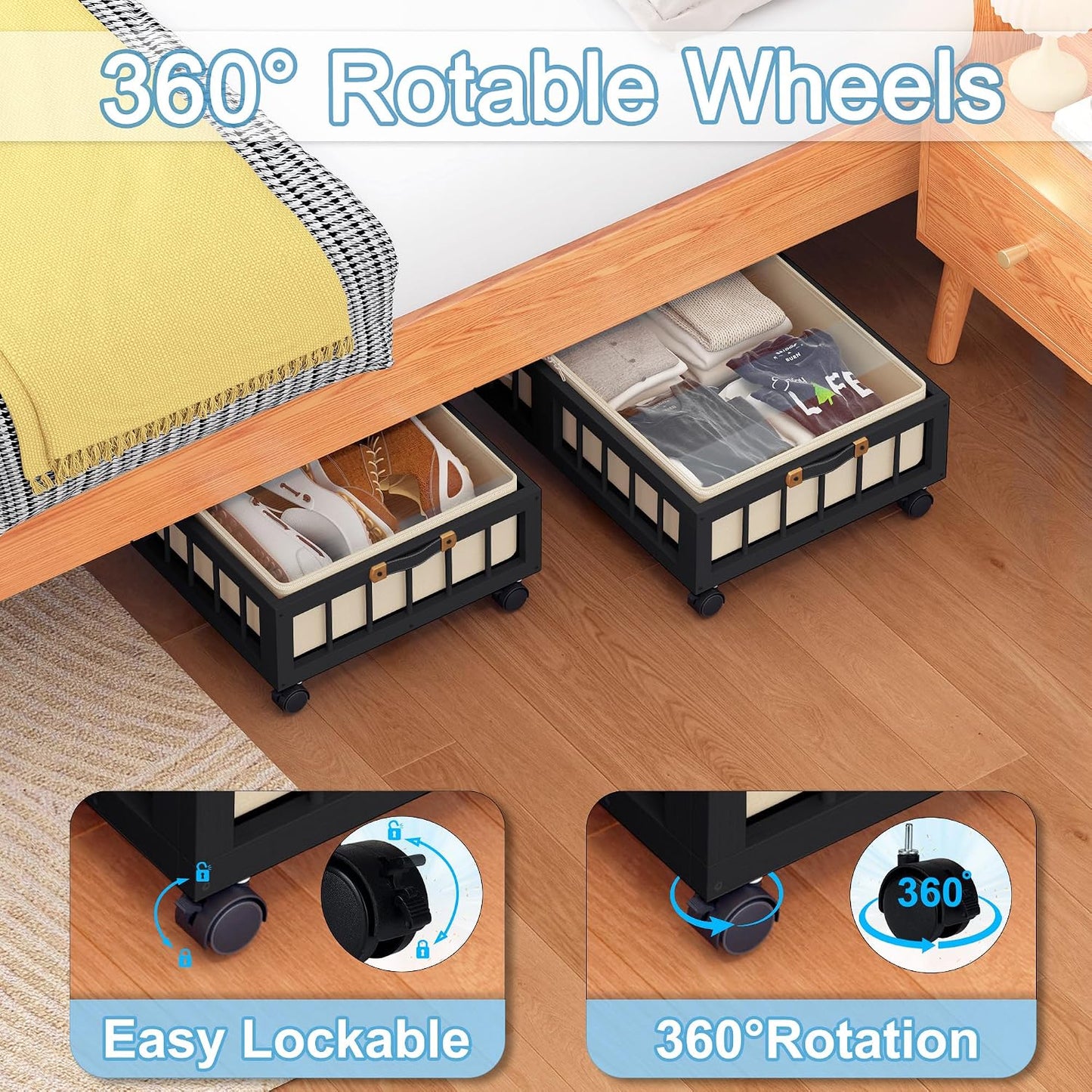 efluky 2-Pack Bamboo Under Bed Storage with Wheels, Rolling UnderBed Storage Basket with Large Dust Bag, Under Bed Storage Containers for Bedroom, Dorm and Basement, Nature