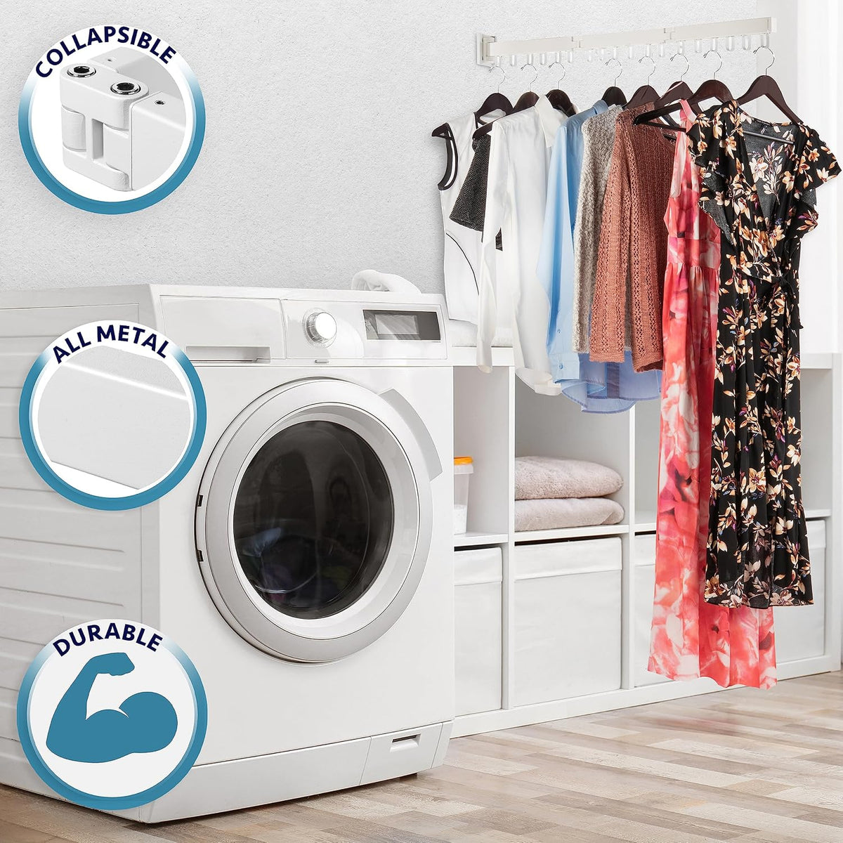 Luxe Laundry Wall Mounted Drying Rack - Foldable Laundry Room Organization Hanger for Clothes - Tri-Fold, Collapsible, Indoor, Space Saving, White