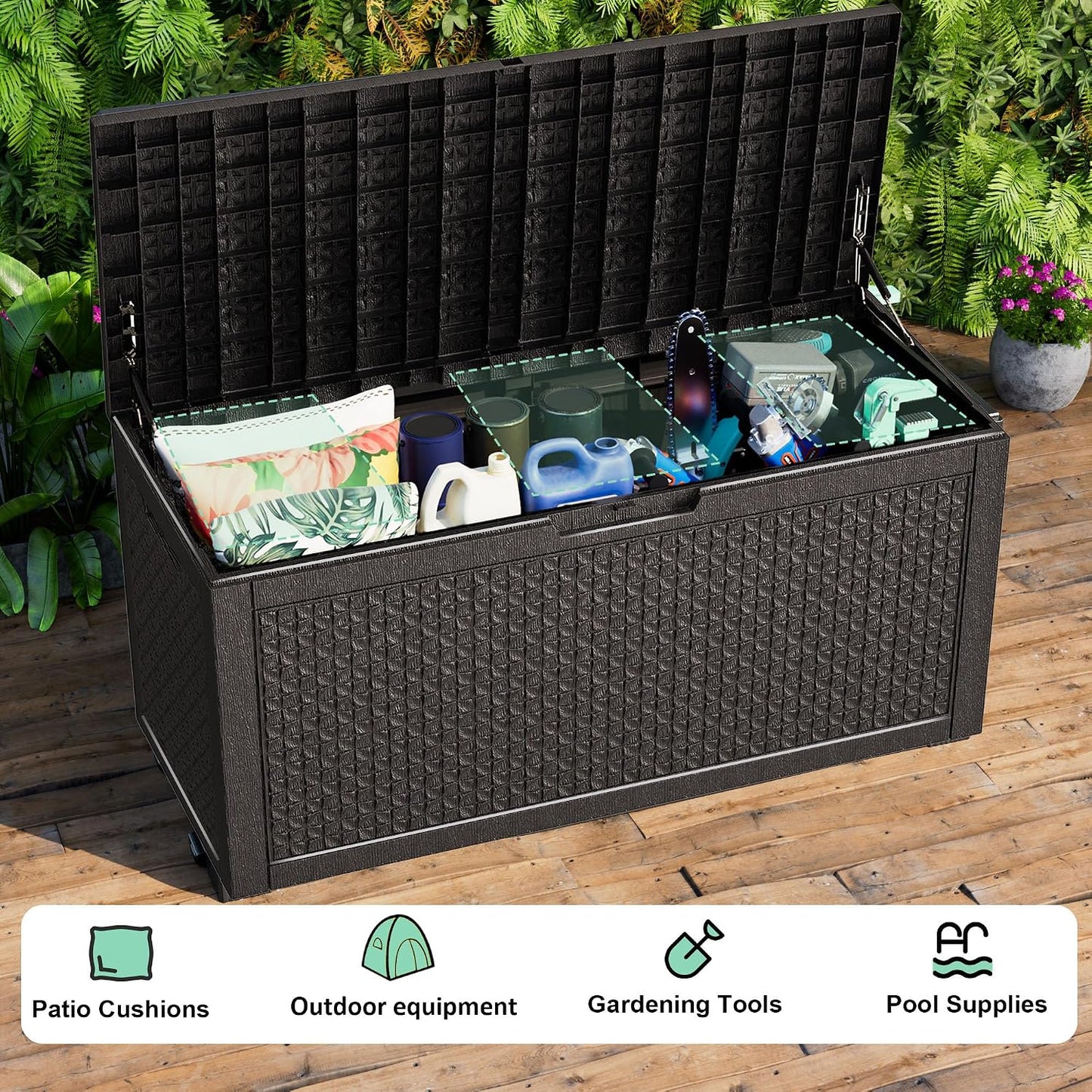 PatioZen 50 Gallon Deck Box Outdoor, Weatherproof Resin Patio Storage Box, Waterproof Outdoor Storage Boxes with Lid Lockable for Cushions, Garden Tools,Grey
