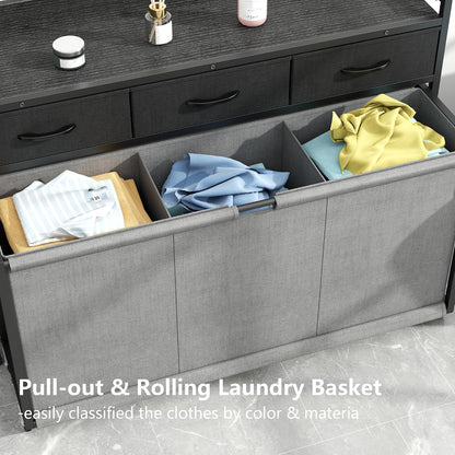 STIKELY Laundry Hamper Laundry Basket with 3 Section Pull-Out Rolling Bags, Laundry Sorter for Organization and Storage with 2 Pull-Out Drawers for Laundry Room, Bathroom, Bedroom Use (Rustic Brown)