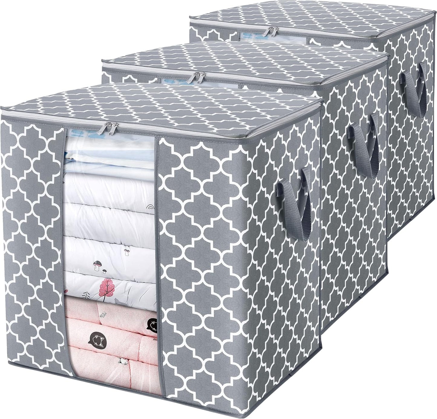 WISELIFE Storage Bags 3 Pack/100L Large Blanket Clothes Organization and Storage Containers for Comforters,Bedding, Foldable Organizer with Reinforced Handle, Clear Window, Sturdy Zippers,Gray