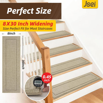 JSEI Stair Treads for Wooden Steps Indoor, 15-Pack Non Slip Stair Treads 30" x 8", Washable Polyester Stair Mats with TPE Backing, Low Profile Stair Rugs for Kids, Seniors and Dogs, Brown