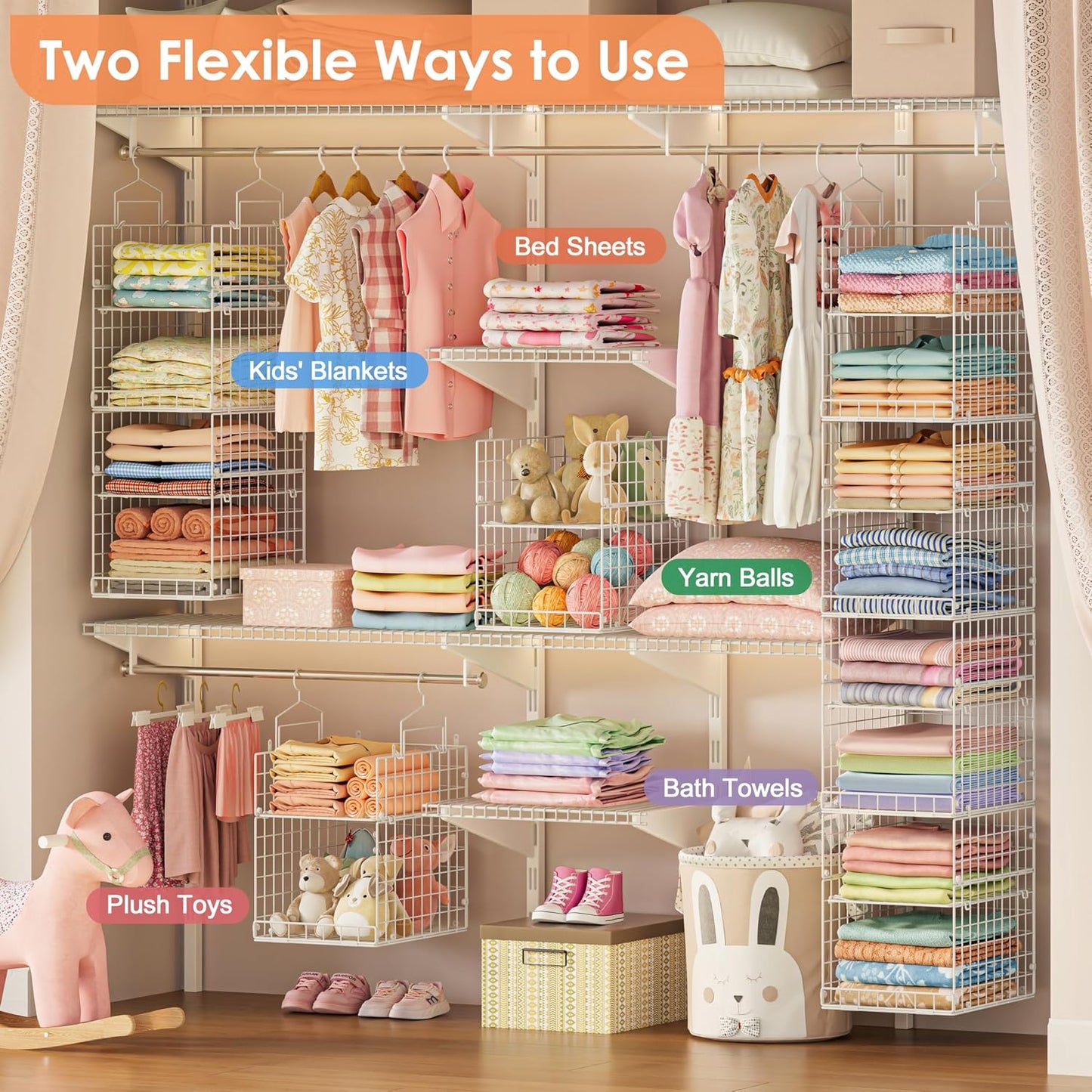 8-Tier Extended Depth Hanging Closet Organizers and Storage for Closet System, Stackable Closet Shelves with 4 Adjustable Dividers for Clothes Sweaters Purses, Wire Hanging Basket Fits Closet Laundry