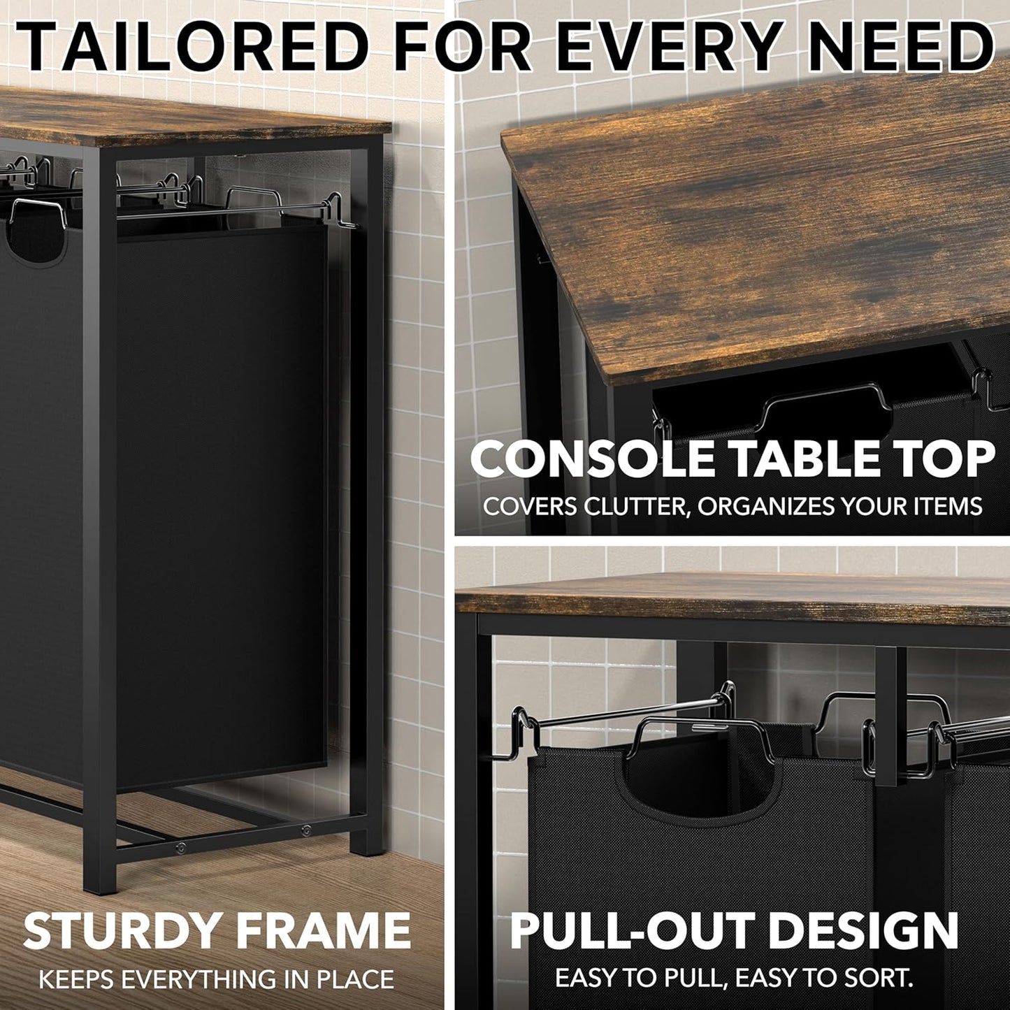 Simple Houseware 3-Section Laundry Sorter with Tabletop Shelf, 3 Pull-Out 10-Gallon Hampers, Metal Frame Laundry Organizer for Bedroom, Bathroom, Rustic Brown