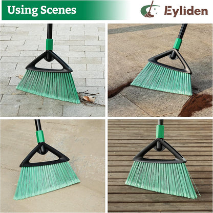 Eyliden Angle Broom with 57" Long Handle, Outdoor Indoor, Green | Heavy-Duty Cleaning, Also Works Well Fine Dust - PET Bristles, Commercial Sweeper for Courtyard Sidewalk Deck Kitchen Lobby