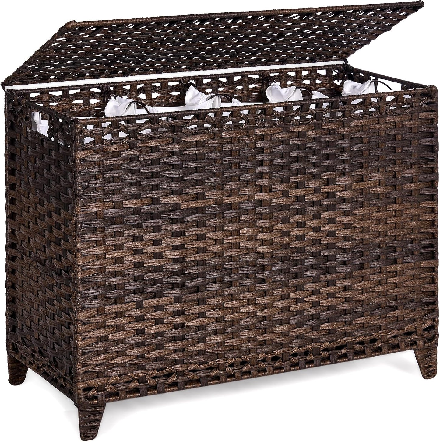 Laundry Hamper with 3 Removable Liner Bags; 132L Handwoven Rattan Laundry Basket with Lid & Heightened Feet; Clothes Hamper with Side Handles; Laundry Sorter with 3 Separate Sections