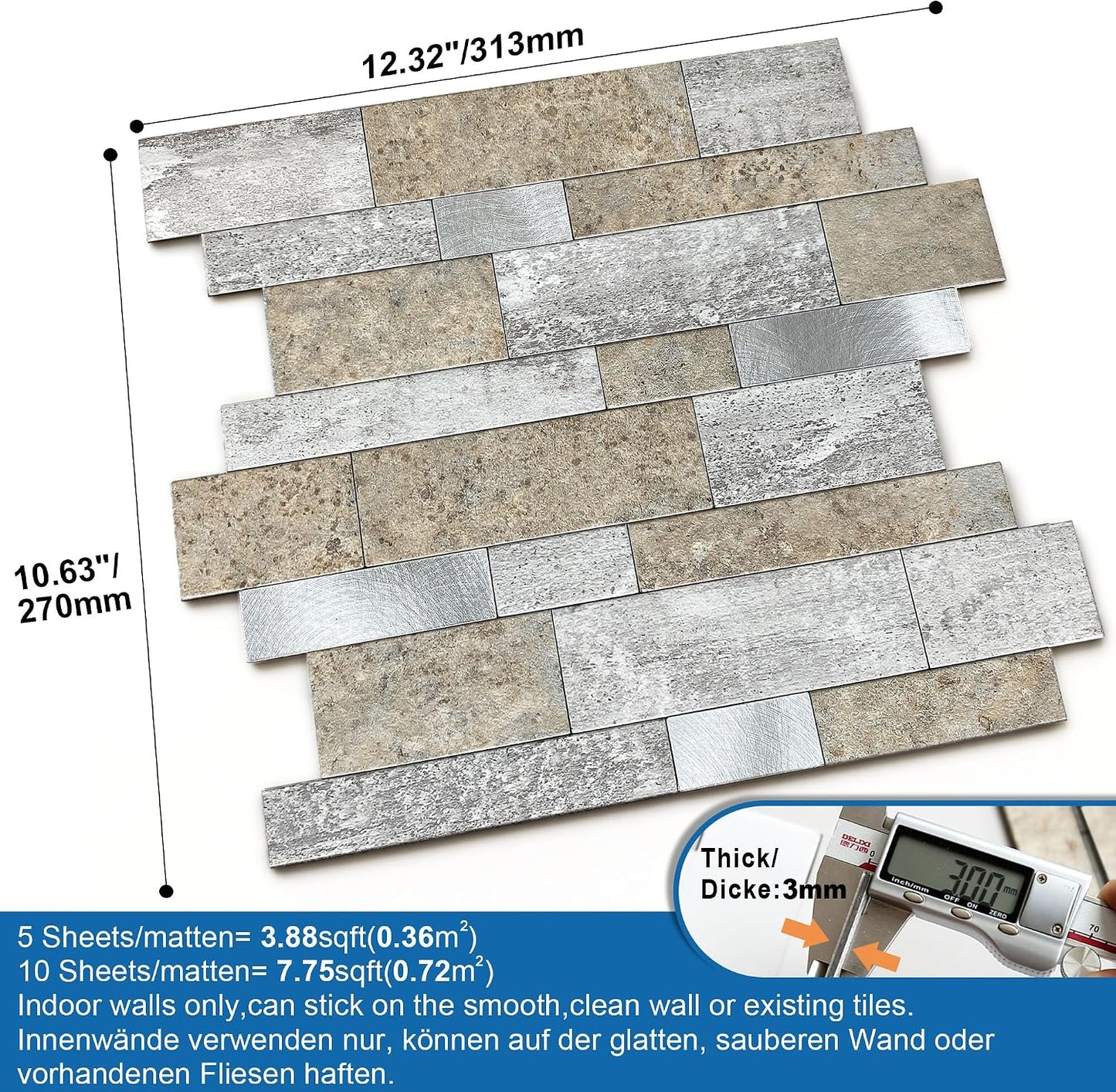 MOFIT Backsplash Tile for Kitchen Peel and Stick Stone Matte Finish,Bathroom Tiles Stickers 3D Wall Panel Linear Mosaic Marble Backsplash Waterproof(10sheets,Blue Green Gray)