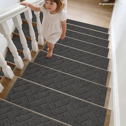 BEQHAUSE Stair Treads for Wooden Steps 28inX9in, Non Slip Carpet Stair Treads Indoor Stair Runners Machine Washable, Soft Stair Rugs Mat Surface Polyester TPE Backing, 4pcs, Charcoal
