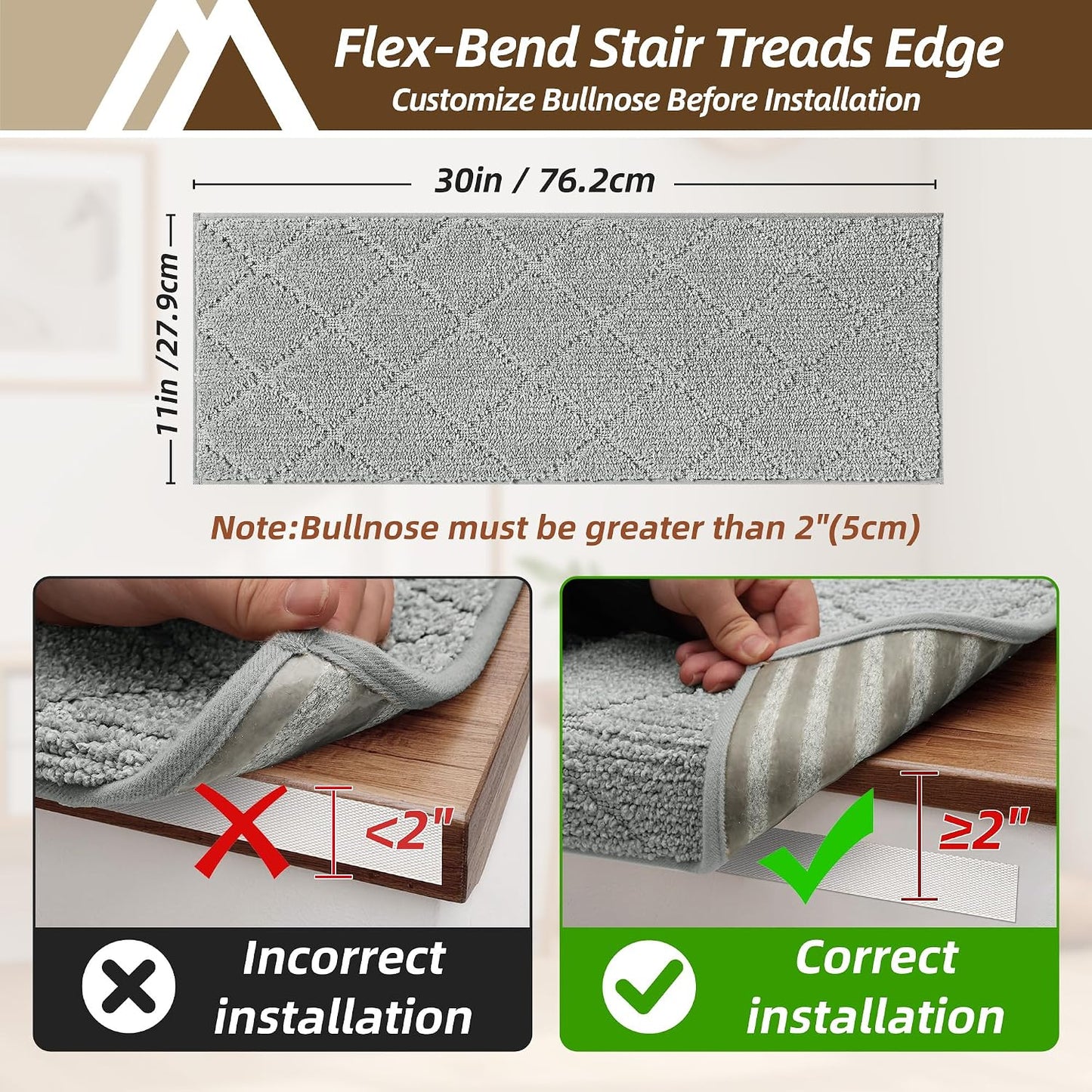 Self Adhesive Bullnose Carpet Stair Treads Non Slip,Grey,11"x30",3 Pack | Pet Friendly, Peel and Stick Stair Treads for Wooden Steps, Washable Stair Runner for Kids Elders, Edge Protection