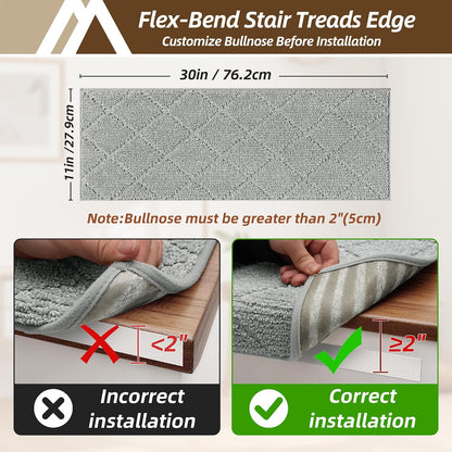 Self Adhesive Bullnose Carpet Stair Treads Non Slip,Grey,11"x30",3 Pack | Pet Friendly, Peel and Stick Stair Treads for Wooden Steps, Washable Stair Runner for Kids Elders, Edge Protection