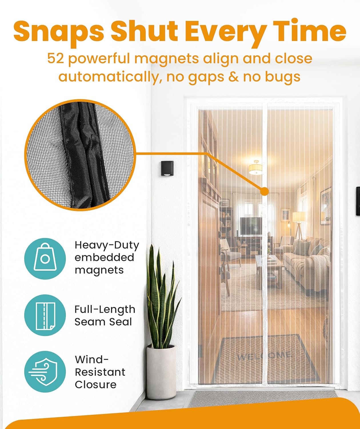 Flux Phenom Magnetic Screen Door - Bugs Out, Breeze in - 9min Install Auto-Sealing Heavy Duty Double Stitched Mesh, 52 Magnets, Hands Free Sliding & Patio Doors Net, Pet & Kid Friendly, 38 x 82 Inch