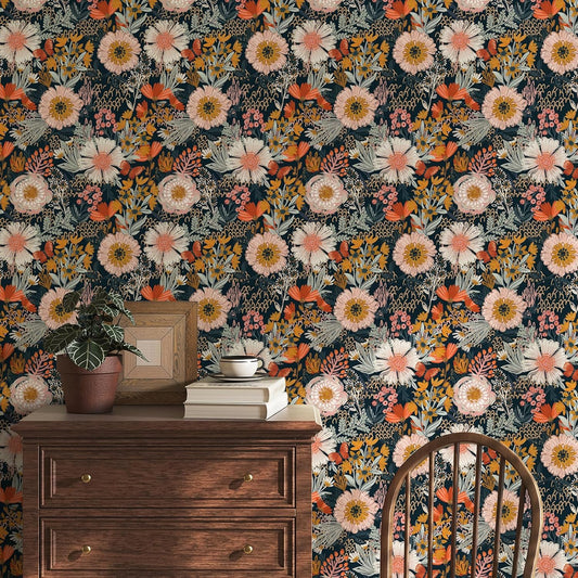 Simon&Siff Boho Peel and Stick Wallpaper Vintage Floral Wall Paper Navy/White/Orange/Pink 17.7 x 80in Removable Contact Paper for Bedroom Cabinets Shelf Drawers Renter Friendly