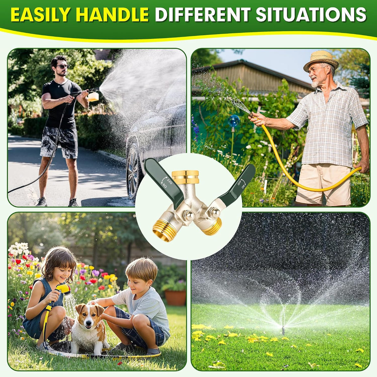 Hose Splitter 2 Way, Brass High Flow Garden Hose Splitter Heavy Duty, Hose Connector, Water Spigot Splitter, Full Flow Faucet Splitters with shutoff, 3/4” GHT Inlet