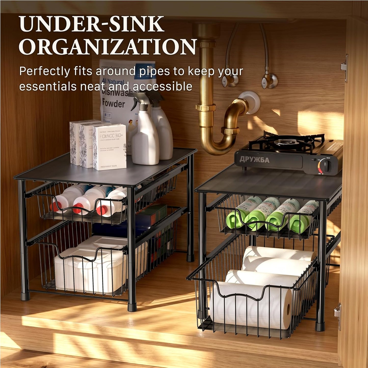 Simple Houseware Stackable 2 Tier Sliding Basket Organizer Drawer, Chrome
