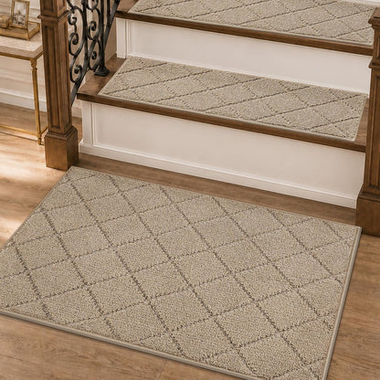 COSY HOMEER Edging Stair Treads Non-Slip Carpet Mat 28inX9in Indoor Stair Runners for Wooden Steps, Edging Stair Rugs for Kids and Dogs, 100% Polyester TPE Backing(4pc, Beige)