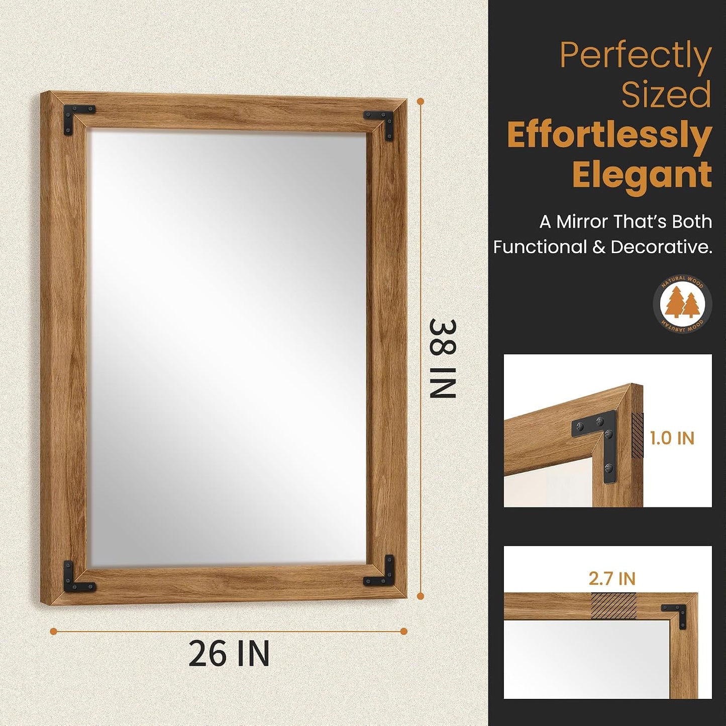 TRAHOME Full Length Mirror with Wooden Frame, 56"X22" Solid Wood Standing Floor Mirror for Farmhouse, Bathroom, Bedroom Decor, Hanging or Leaning Wall-Mounted
