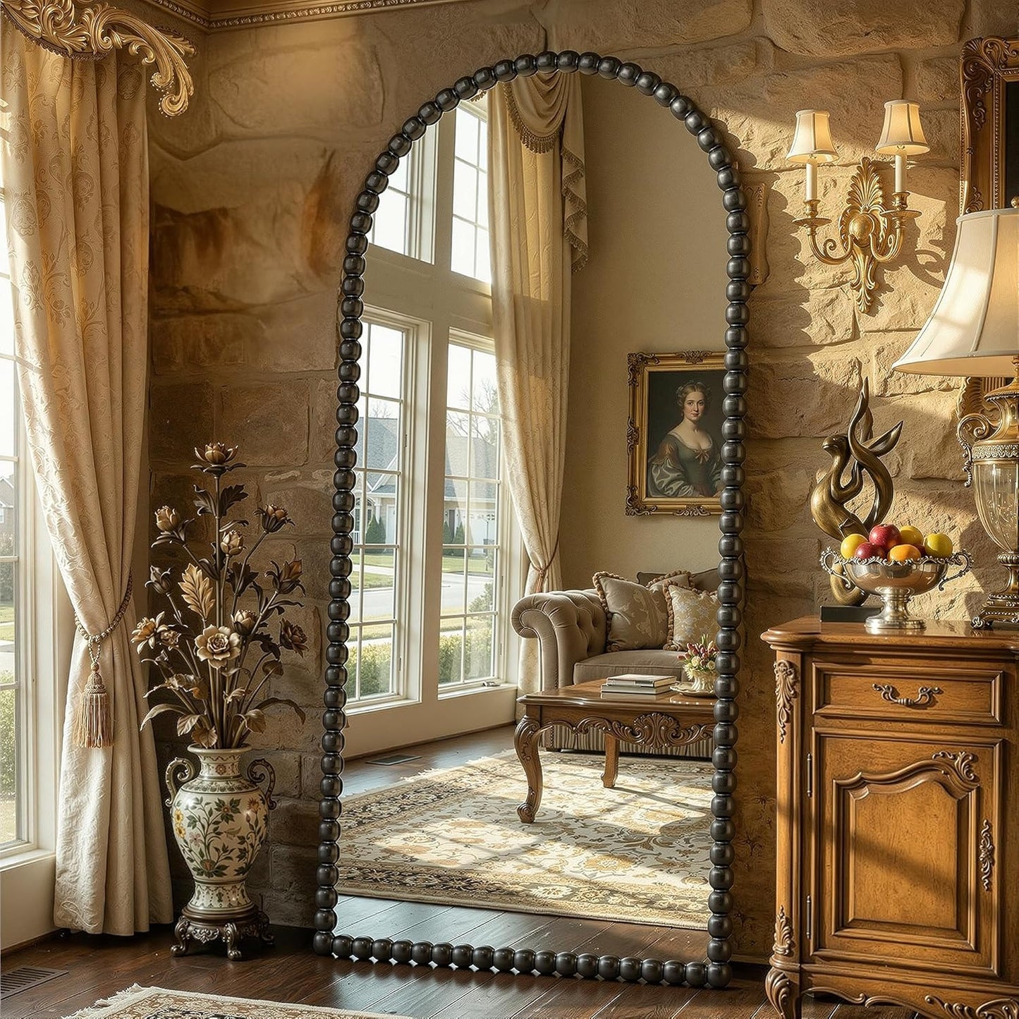 Antok 58" x 21" Arched Full Length Mirror, Antique Beaded Frame Floor Standing or Wall Mounted Mirror with Stand for Bedroom, Entryway, Brown, Luxury Style