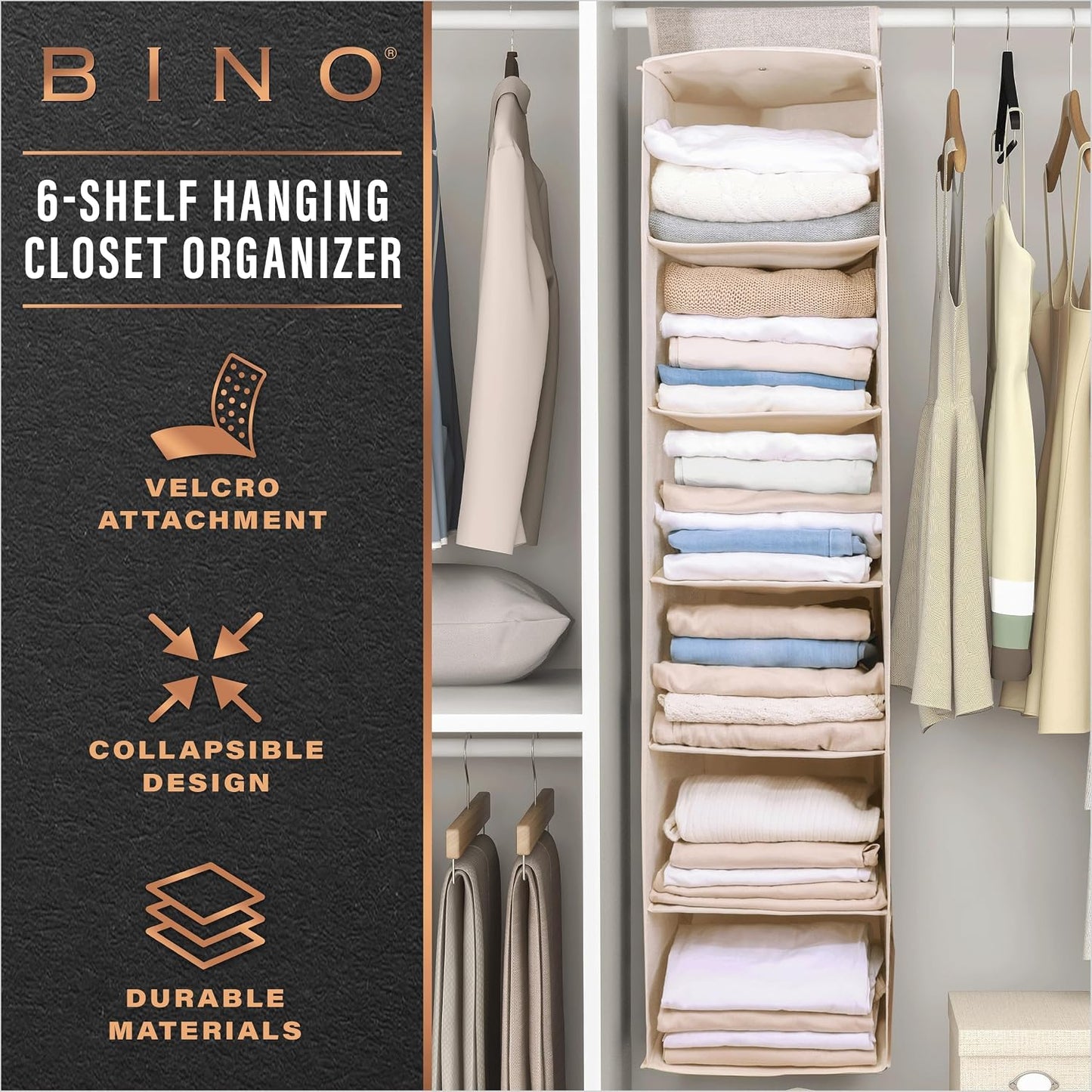BINO 10-Shelf Shoe Closet Organizer - Beige | Closet Hanging Organizer | Hanging Shoe Rack Storage & Organizer for Bedroom | Hanging Shelves | Portable Closets for Hanging Shoes | Room Essentials