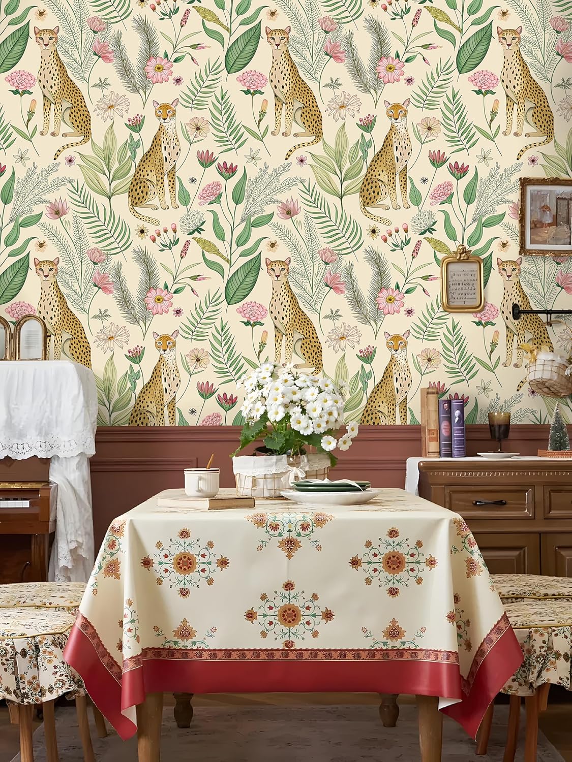 Floralplus Peel and Stick Wallpaper Leopard Jungle Removable Wallpaper for Bathroom Renter Friendly Wallpapers Self Adhesive Animal Floral Contact Paper for Accent Wall 17.5 x 118 in