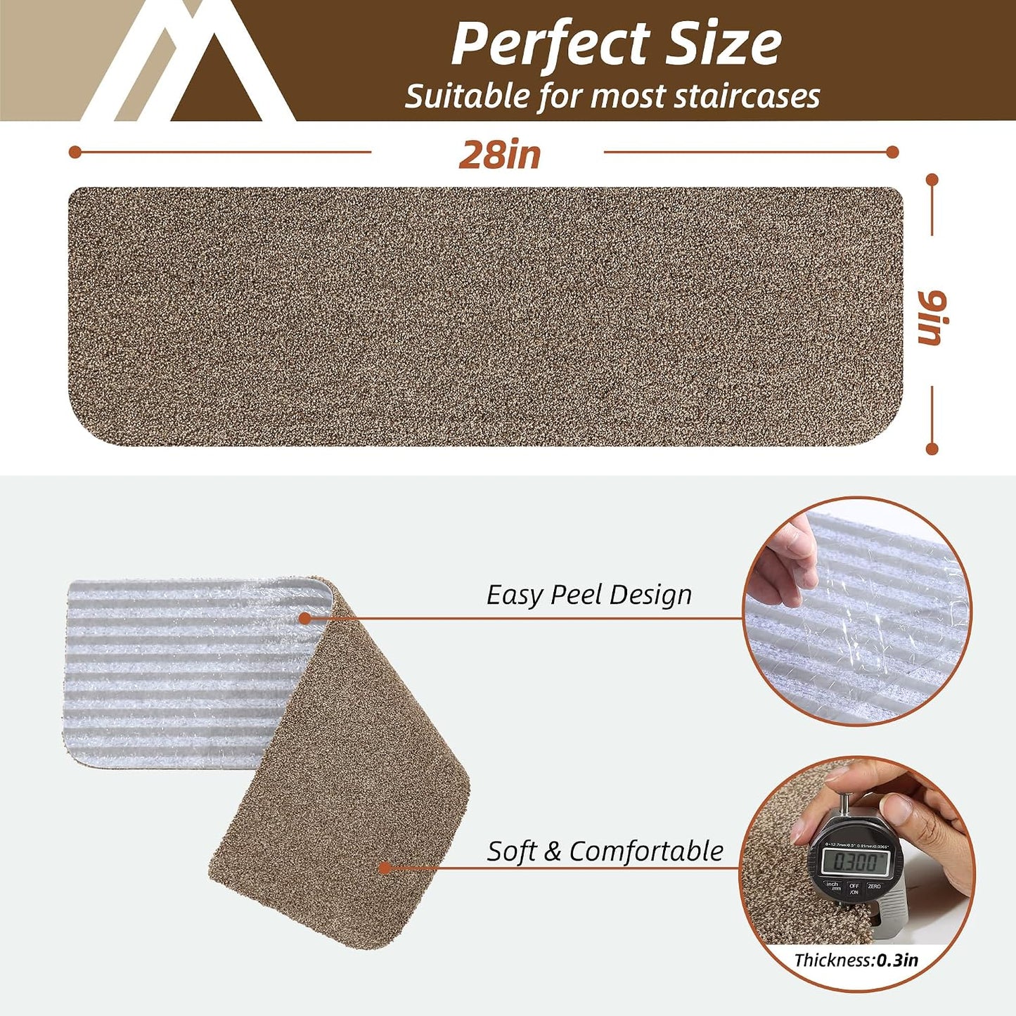 COSY HOMEER Stair Treads for Wooden Steps Non-Slip Carpet Mat,4pcs,Brown | Cut to Size,Peel and Stick,Washable,Residue Free,Self Adhesive,Stair Runner for Kid Elder Pet,28“x9”Carpet Stair Treads
