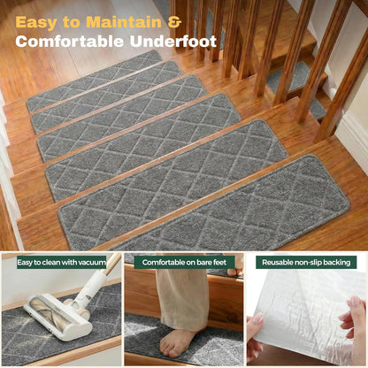 MBIGM 8" X 30" (15 in Pack) Non-Slip Carpet Stair Treads Non-Skid Safety Rug Slip Resistant Indoor Runner for Kids Elders & Pets with Reusable Adhesive - Dark Gray Diamond Weave