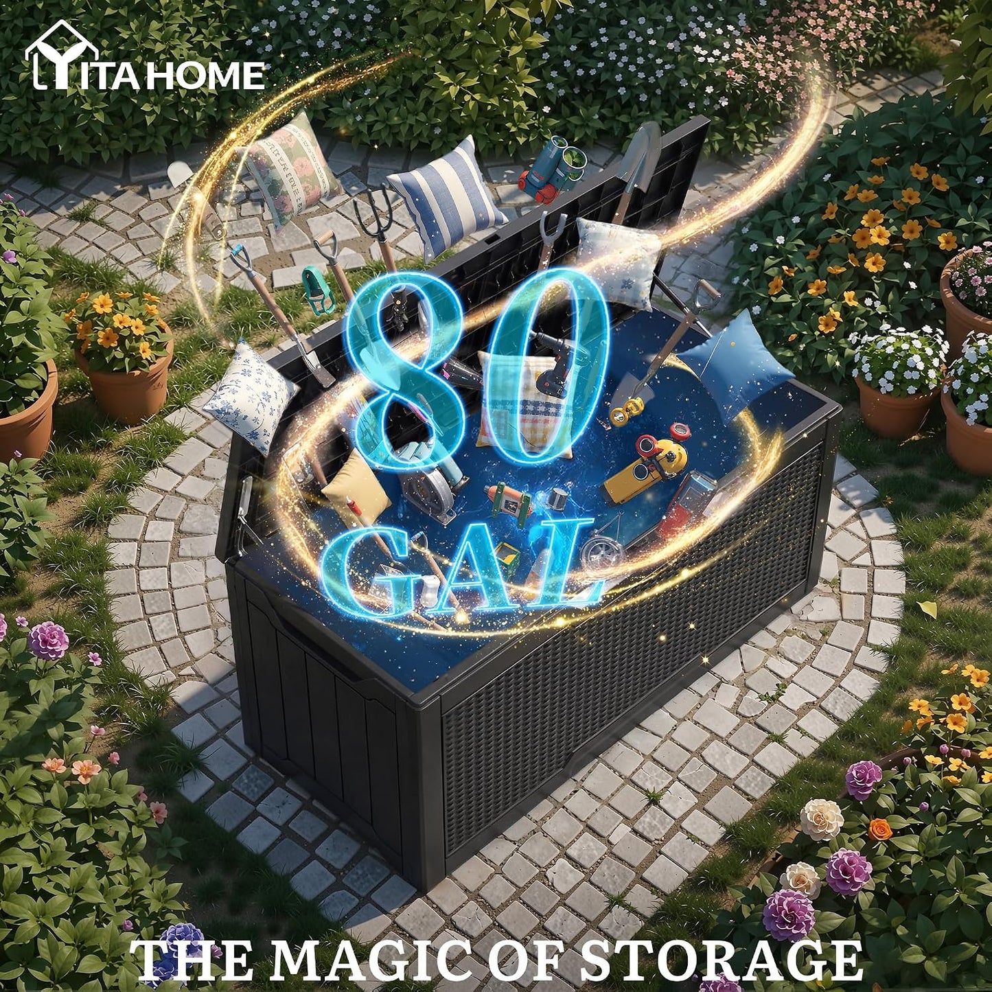 YITAHOME 100 Gallon Large Outdoor Deck Box | Waterproof Resin Storage Box, Lockable Indoor Outdoor Storage Container for Patio Furniture Cushions, Pool Accessories