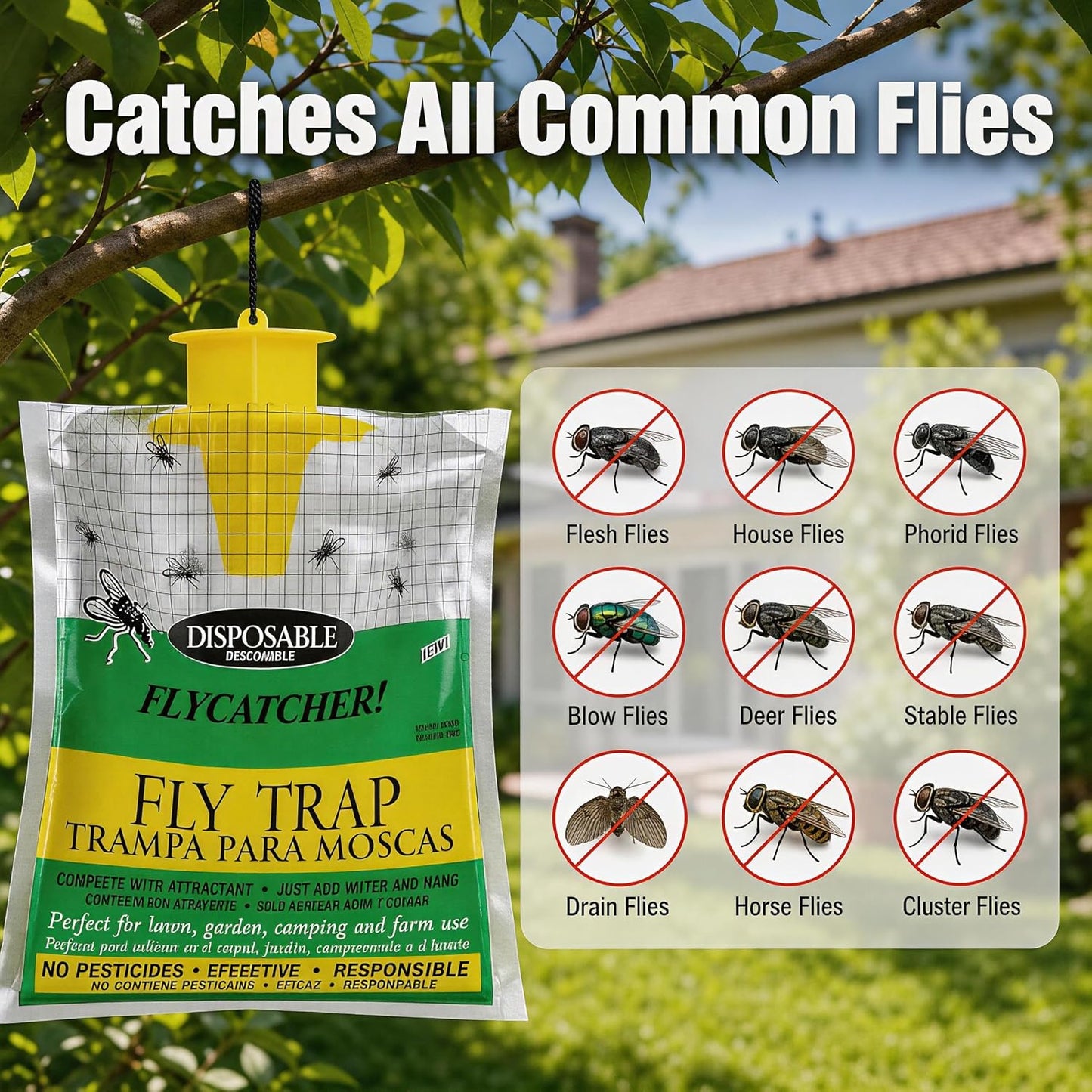Fly Traps Outdoor Hanging, Natural Pre-Baited Bug Catcher Bags, Non-Toxic Flying Insect Killer for Outside Home, Patio, Trash Can, Horse Stables, Farm, Pastures, Backyard & Camping,4 Pack