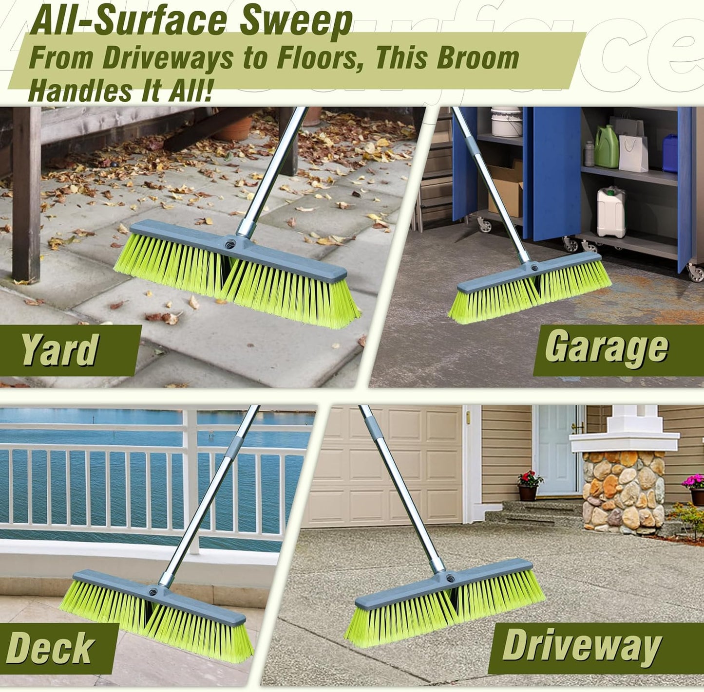 Upgraded 18" Push Broom with Adjustable Long Handle, Total Length is 55", Multi-Surface Floor Scrub Brush for Cleaning Deck, Patio, Garage, Driveway