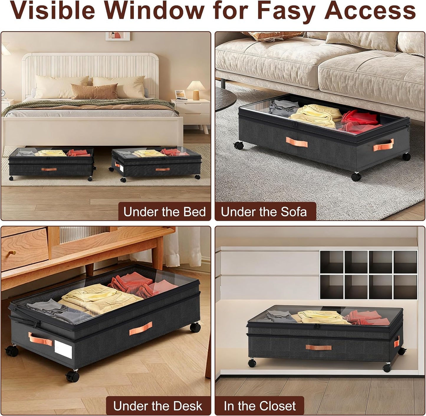 XXL Under Bed Storage with Wheels, 2 Pack 70L Extra Large Rolling Organizer, Heavy-Duty Foldable Storage Container with Lids, Fits 10" Clearance, Black