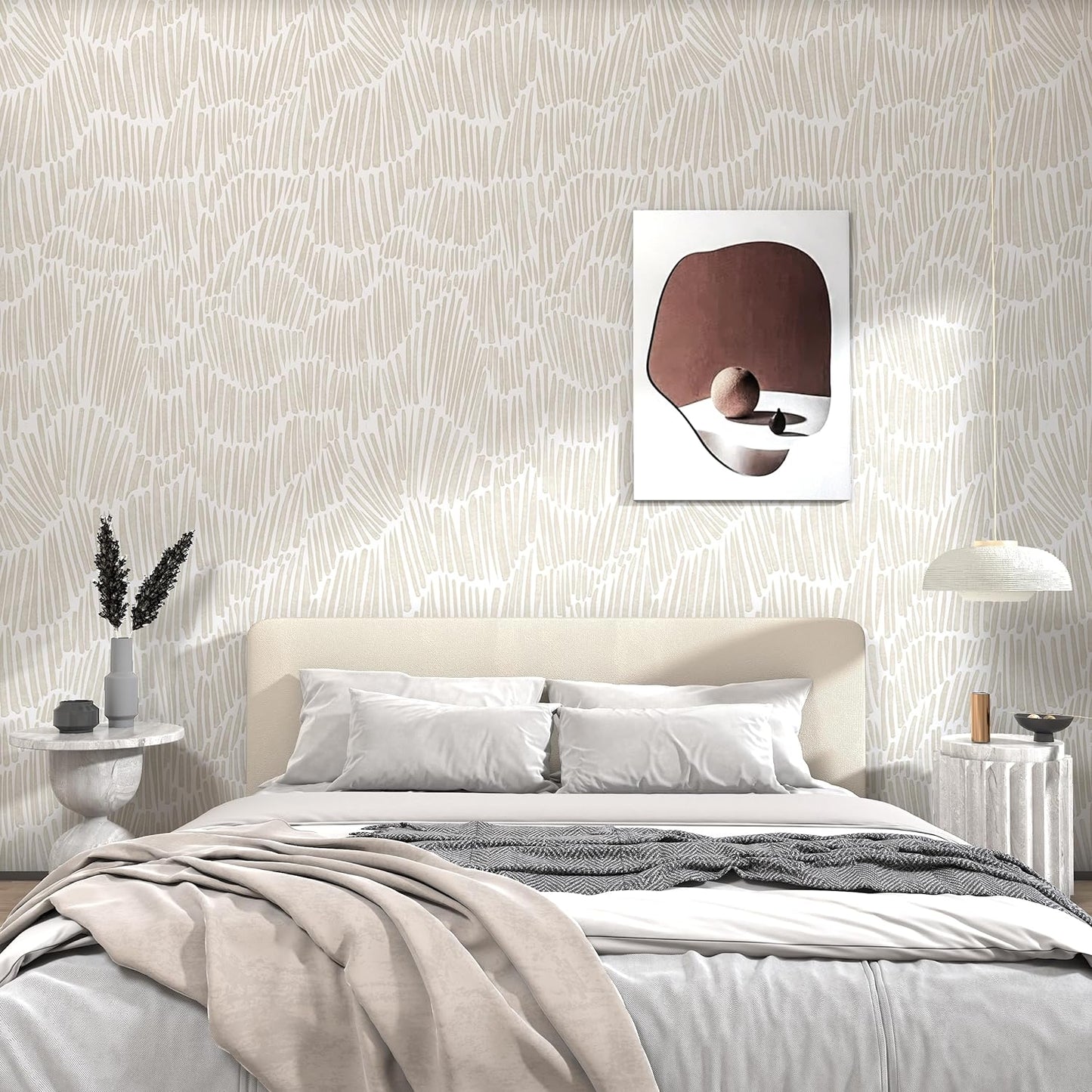 Theper Beige Wallpaper 17.3"×78.8" Modern Striped Peel and Stick Wallpaper Boho Removable Self Adhesive Wall Paper for Bedroom Waterproof White and Gold Contact Paper for Cabinets Vinyl