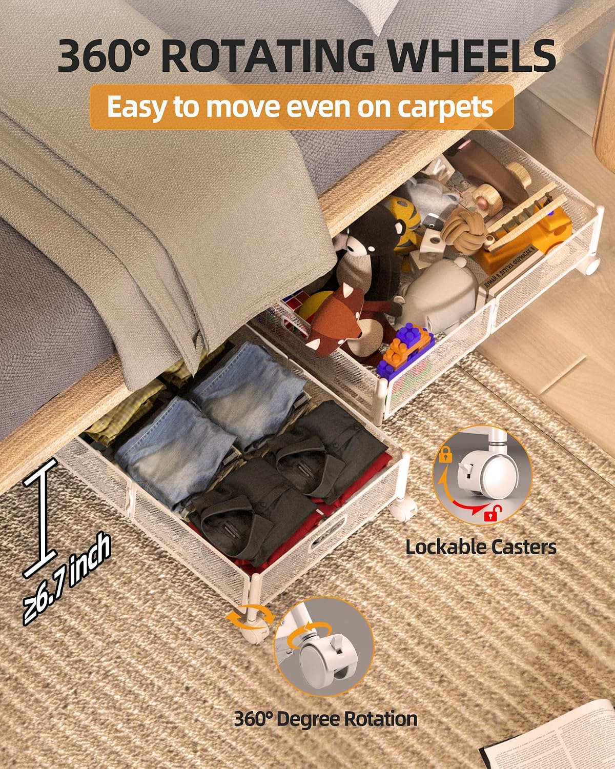 Under Bed Storage with Wheels, Foldable Metal Under Bed Storage Containers, 60L Rolling Underbed Storage, Easy Assembly Under The Bed Storage for Bedroom Clothes Shoes Blankets