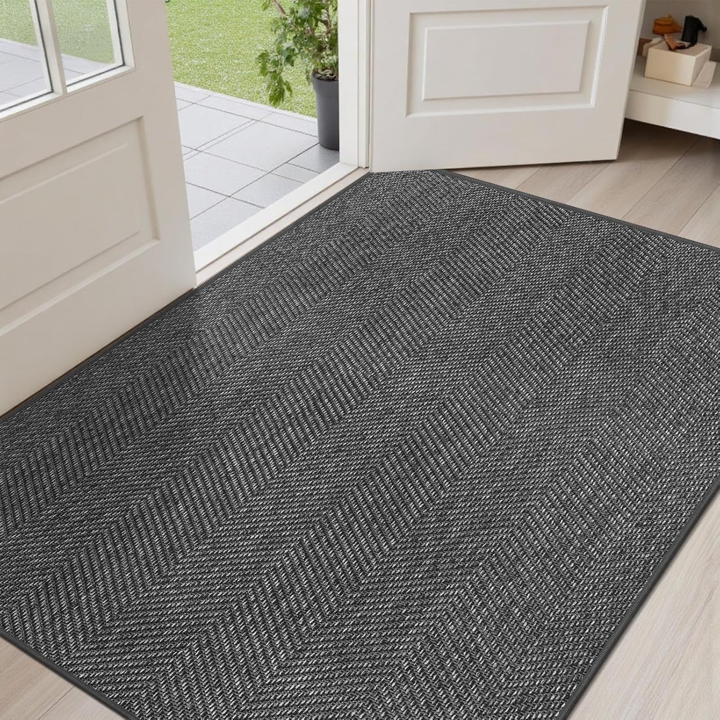 Ultra Thin Indoor Door Mat 24"x36", Washable Door Mat Indoor Entrance, Non Slip Rubber Backing Doormat Low-Profile Inside Entryway Mat, Unique Herringbone Design Entry Mat, Khaki (FOLD)