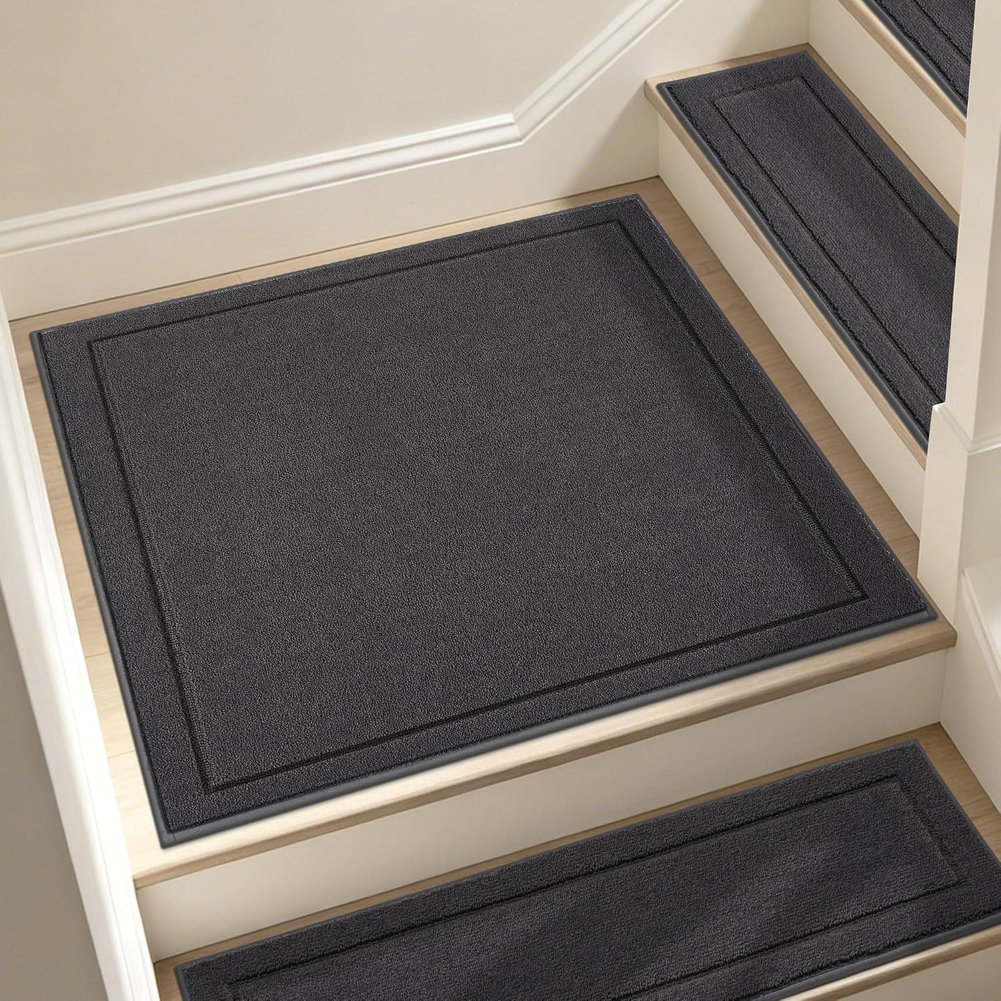 JSEI Stair Treads for Wooden Steps Indoor, 15-Pack Non Slip Stair Treads 30" x 8", Washable Polyester Stair Mats with TPE Backing, Low Profile Stair Rugs for Kids, Seniors and Dogs, Brown