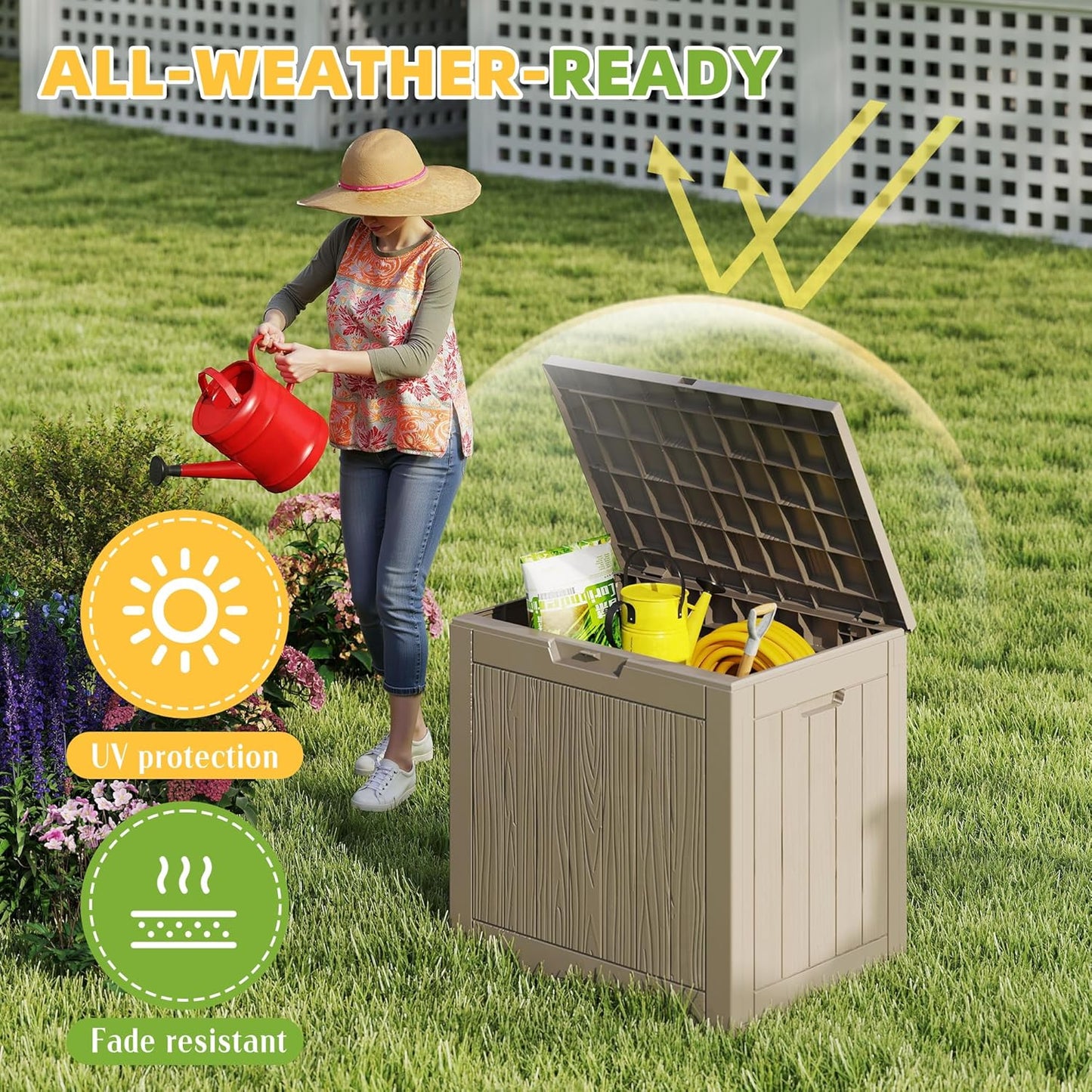 EasyUp 33 Gallon Resin Deck Box Waterproof, UV Resistant Outdoor Storage Box for Delivery, Porch, Patio and Garden, Stripe Black