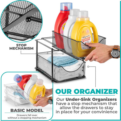Sorbus 2 Tier Metal Under Sink Organizer for Bathroom, Kitchen, Strong Steel Mesh Sliding Drawers for Under Sink, Under Cabinet, Closet, Kitchen, Pantry, Bathroom Organizers and Storage (Black)