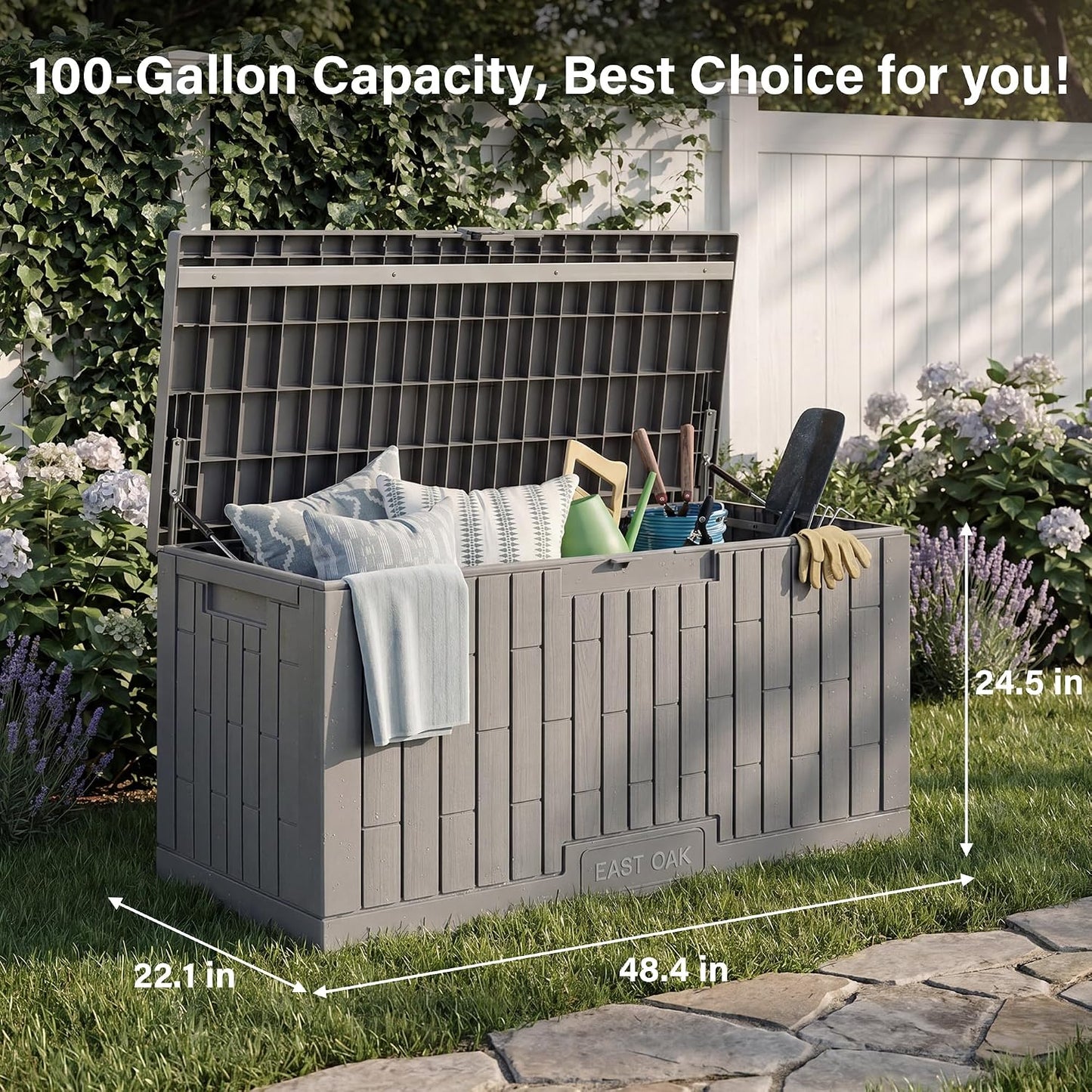 EAST OAK Outdoor Storage Box, 31 Gallon Deck Box Indoor and Outdoor Use, Waterproof Resin Storage Bin for Package Delivery, Patio Cushions, Gardening Tools, Lockable, UV Resistant, Grey