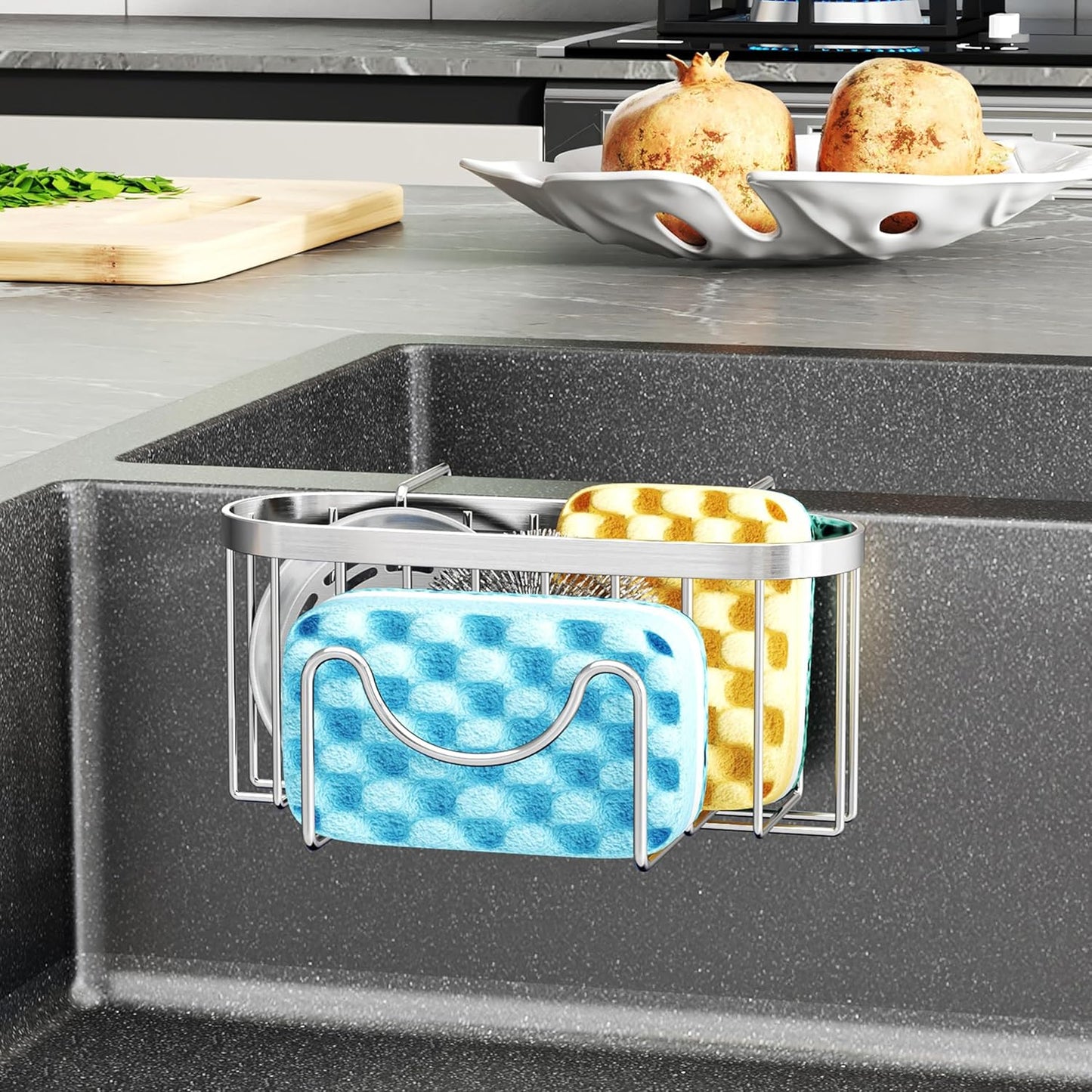 HapiRm Multifunctional Sponge Holder with Unique M-Shaped, 2 Installation Methods Kitchen Sink Caddy Organizer, Rustproof Stainless Steel Kitchen Organizers and Storage Essentials - Black