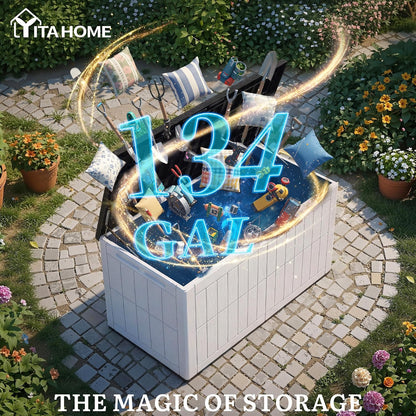 YITAHOME 134 Gallon Large Deck Box | Waterproof Resin Outdoor Storage Box with Lock, Doubles as 2-Person Bench Seating for Patio Furniture Cushions,Garden Tools &