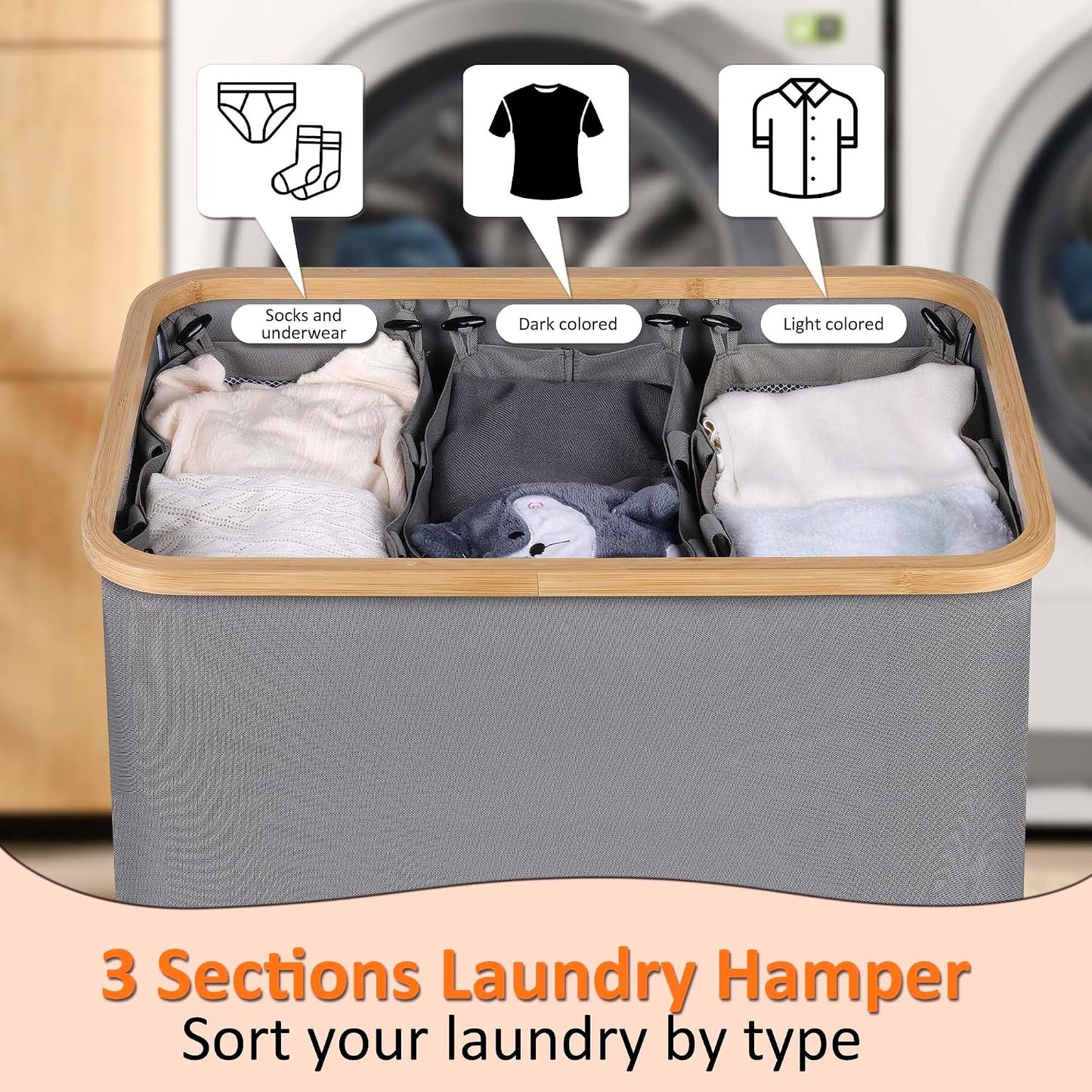 efluky Laundry Hamper with Lid, Trio Laundry Basket with 2 Removable Bags, 3 Section Laundry Bin with Bamboo Handles for Bathroom, Bedroom & Laundry Room, 160L (42.3 Gallon) Beige