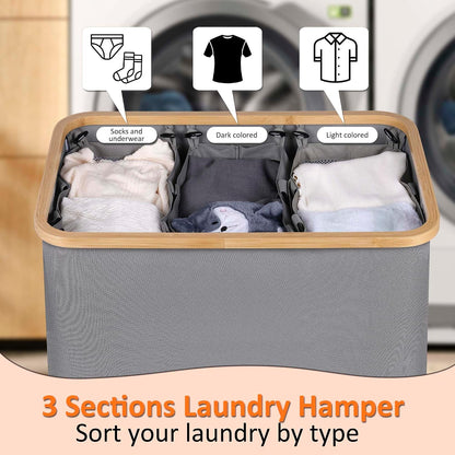 efluky Laundry Hamper with Lid, Trio Laundry Basket with 2 Removable Bags, 3 Section Laundry Bin with Bamboo Handles for Bathroom, Bedroom & Laundry Room, 160L (42.3 Gallon) Beige