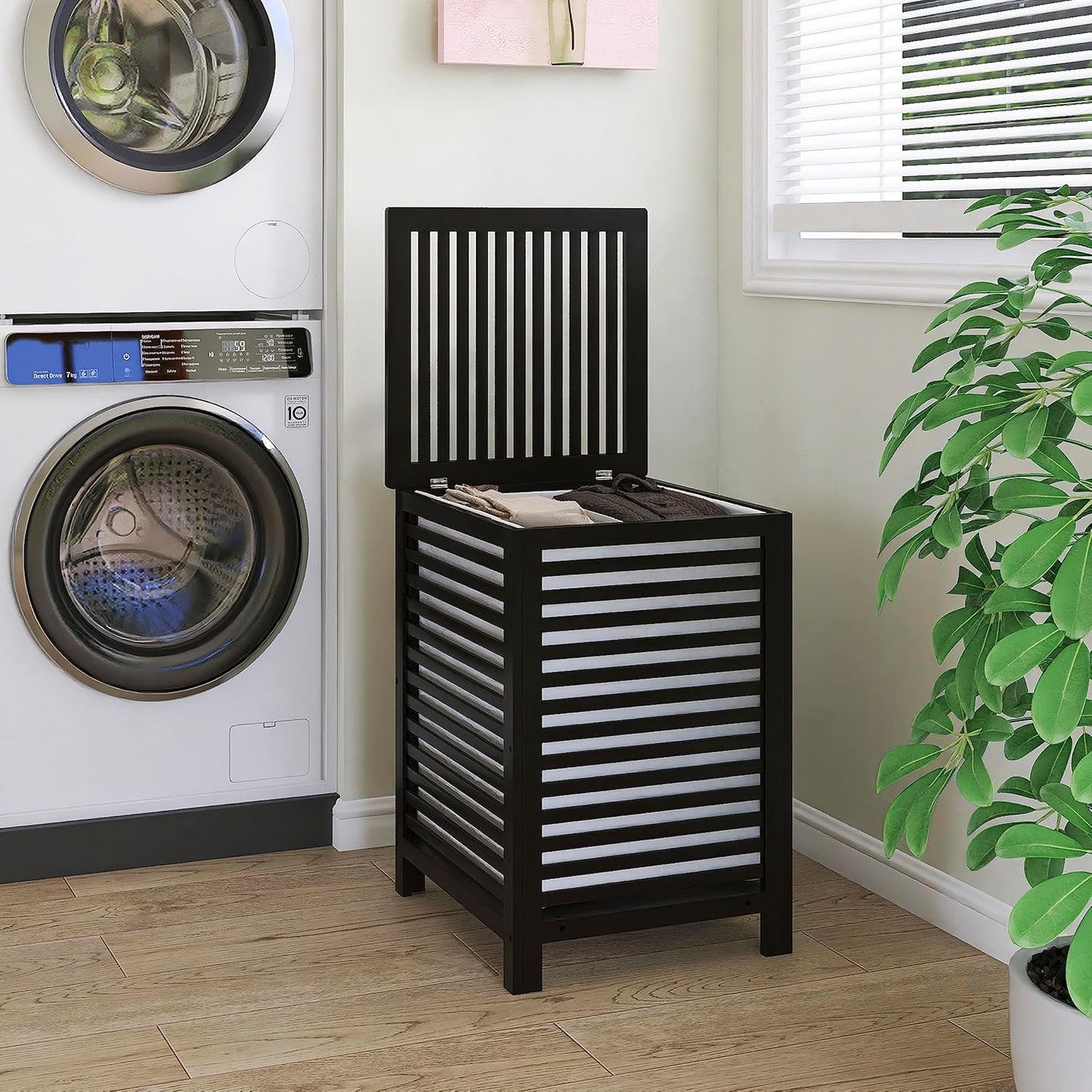 SMIBUY Double Laundry Hamper with Lid, 120L Bamboo Laundry Basket with Removable Liner Bag, 2-Section Clothes Divider Laundry Sorter for Laundry Room, Bathroom, Bedroom (Walnut)
