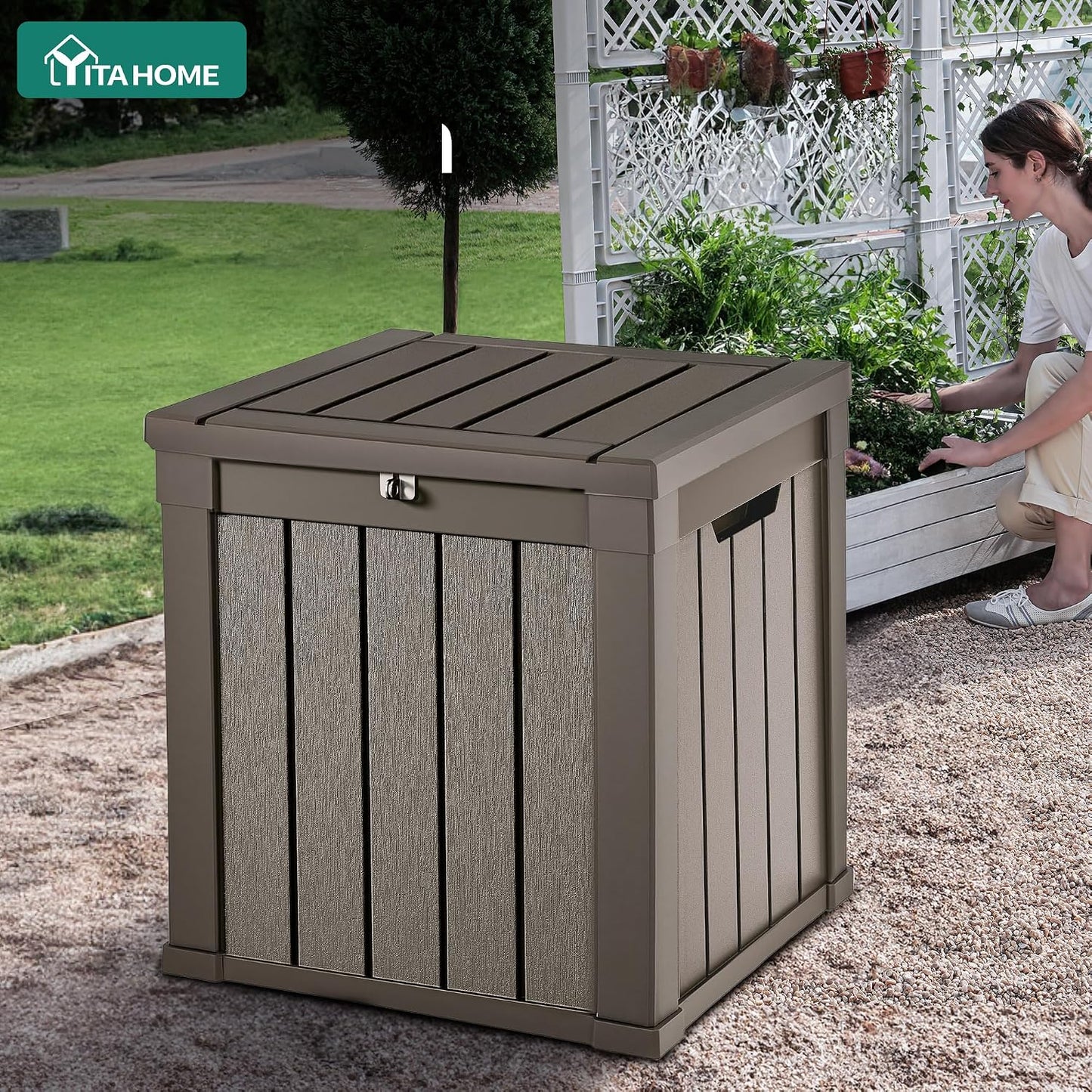 YITAHOME 31 Gallon Outdoor Storage Deck Box | Waterproof Resin Package Delivery and Storage Box with Lockable Lid for Patio Furniture Cushions, Pool Accessories, Garden