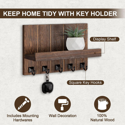 Key Holder for Wall, Decorative Key Holder with Shelf, Key and Mail Holder Wall Mount, Farmhouse Decor with 5 Key Hooks for Keys, Coats, ect.