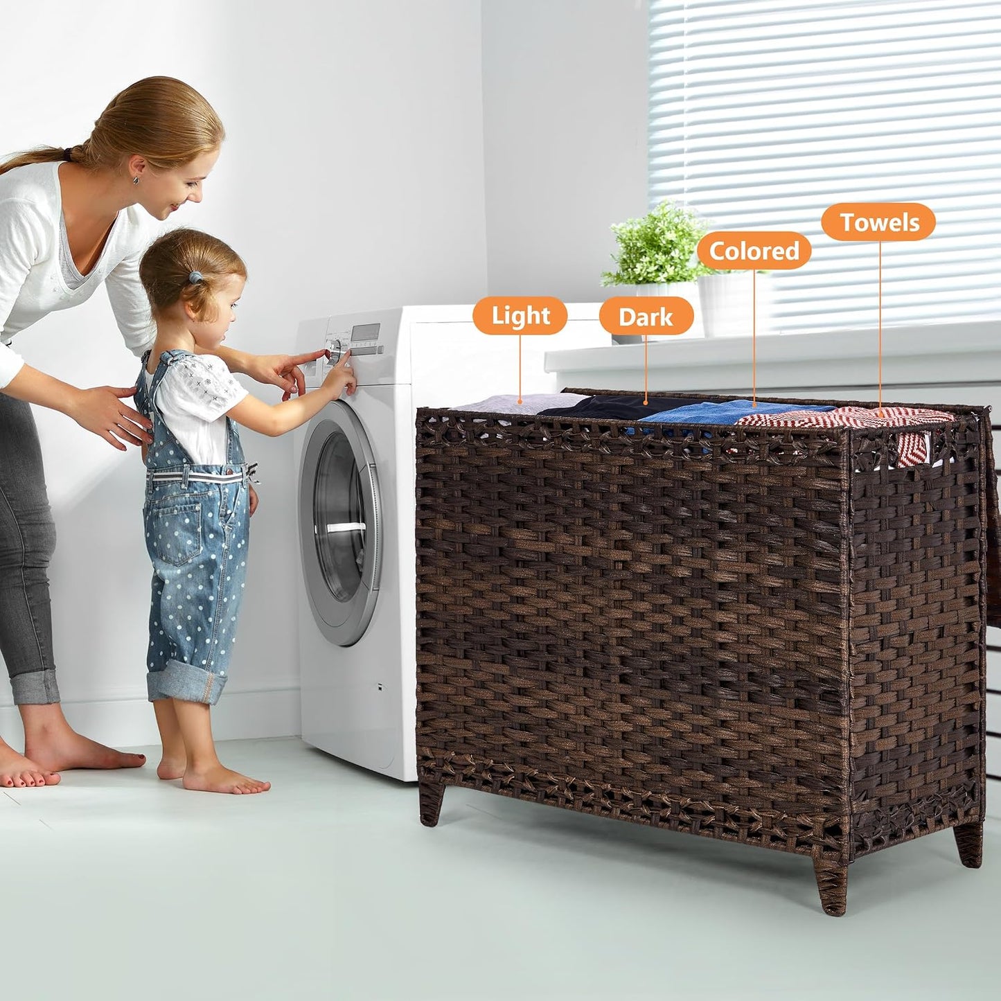Laundry Hamper with 3 Removable Liner Bags; 132L Handwoven Rattan Laundry Basket with Lid & Heightened Feet; Clothes Hamper with Side Handles; Laundry Sorter with 3 Separate Sections