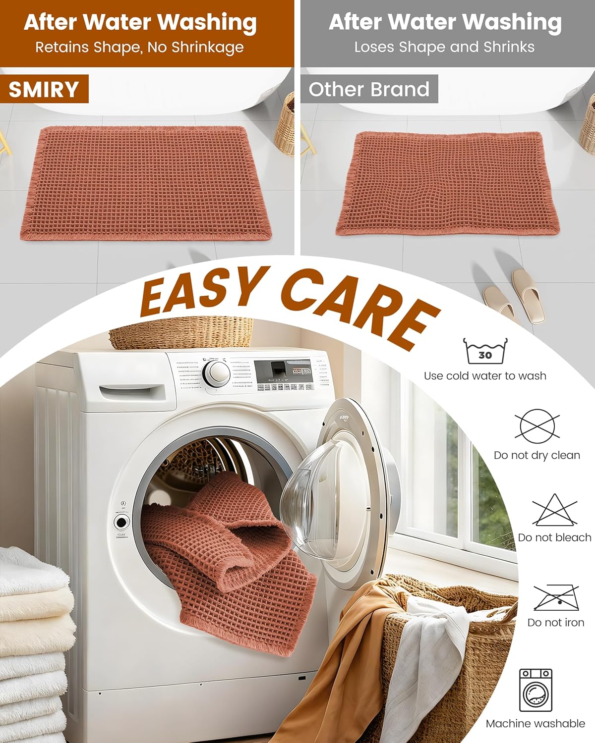 Smiry Waffle Bath Mat 30x20, Extra Soft Absorbent Bathroom Rugs, Non Slip Machine Washable Quick Dry Bath Rugs for Bathroom Floor, Tub, Shower, Home Decor Accessories, Brown