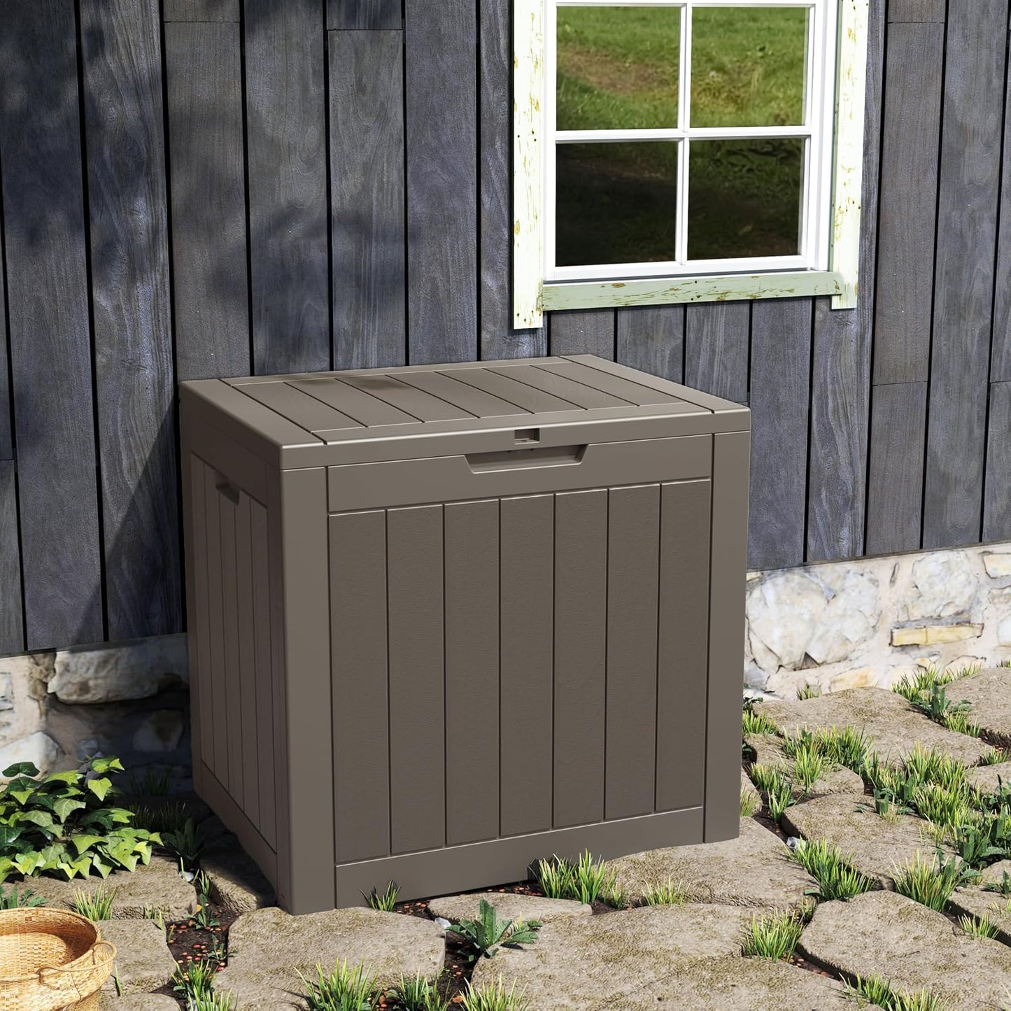 NUNU LAB Outdoor Storage Box, 45 Gallon Outside Deck Box Waterproof, Resin Outdoor Storage Cabinet With Lockable Lid, Backyard Storage Bench For Garden Tools, Patio Cushions, Pool Tools, Black