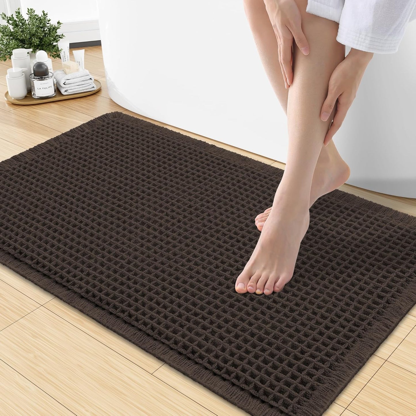 Smiry Waffle Bath Mat 30x20, Extra Soft Absorbent Bathroom Rugs, Non Slip Machine Washable Quick Dry Bath Rugs for Bathroom Floor, Tub, Shower, Home Decor Accessories, Brown