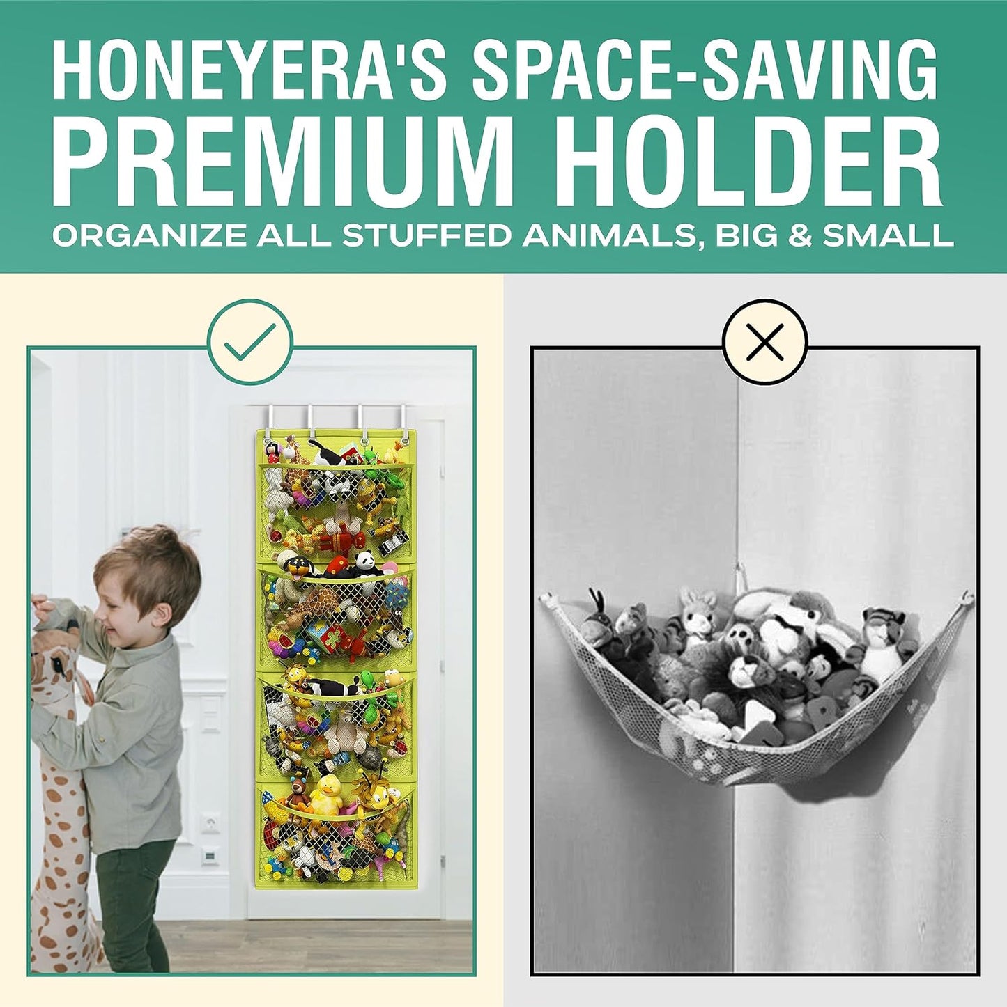 Honeyera The Original Stuffed Animal Storage (Patented) - Over Door Organizer for Stuffies, Baby Ideas Holder, Toy Plush Hammock Hanging Net Big Girls Toddler Large Bag Animals Stuffy Behind