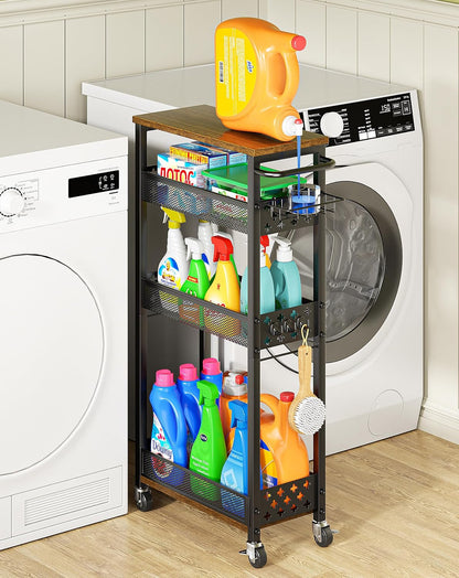 OKZEST Slim Laundry Room Organization Cart with Detergent Dispenser Holder | 4-Tier narrow rolling cart for small space, Holds tall bottles, Upgraded metal hub casters, Premium wood & metal mesh shelves