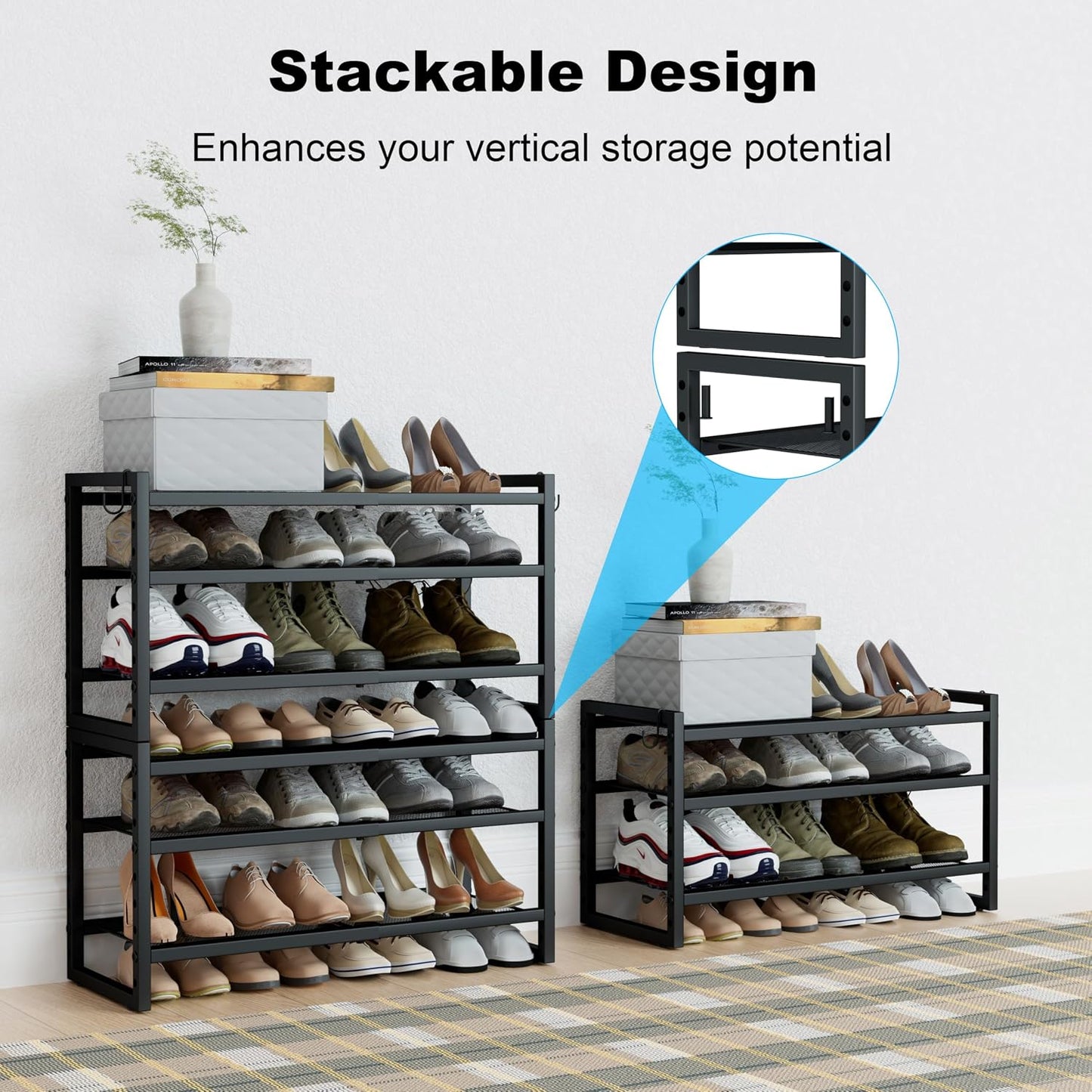 CHEMPFR Expandable & Stackable Metal Shoe Rack, Heavy-Duty Adjustable Shoe Organizer with Mesh Shelves, Freestanding Shoe Storage for Entryway Closet Garage (Black 3-Tier)